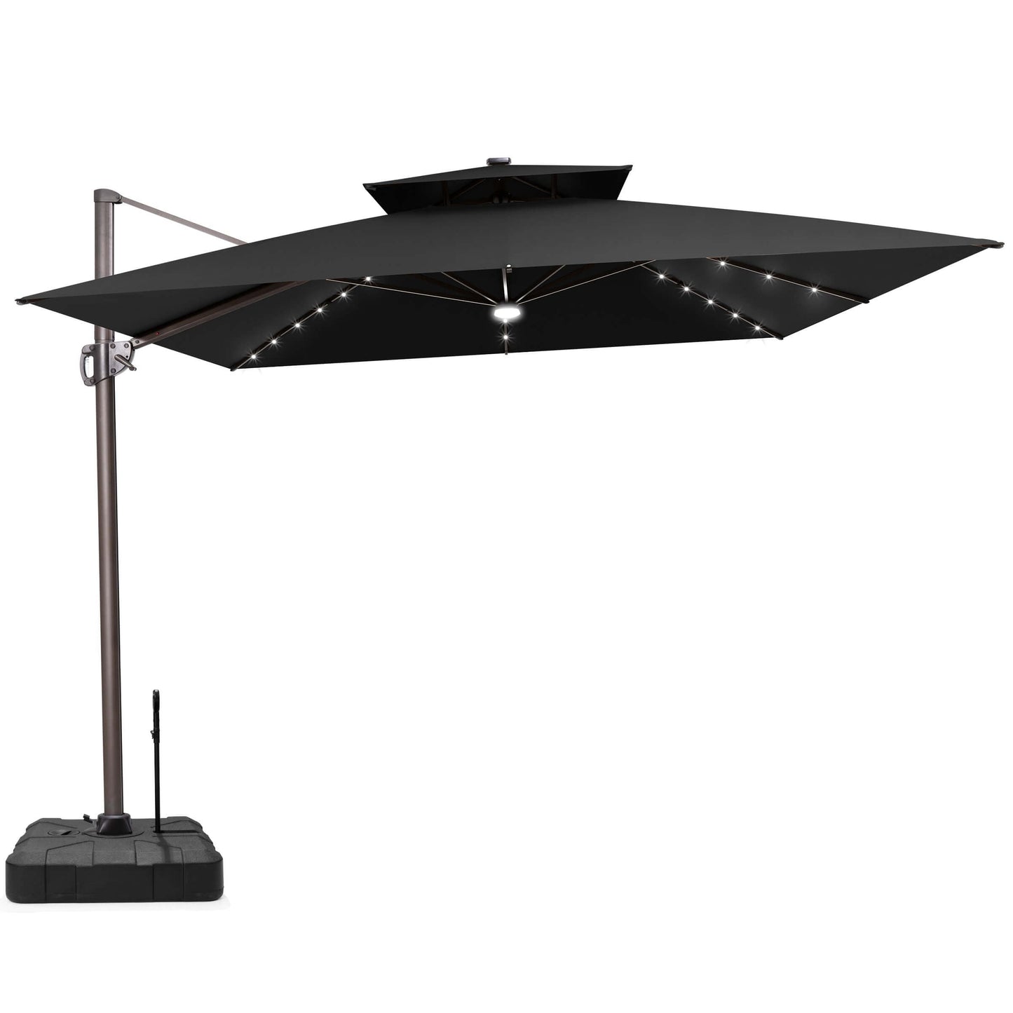 Black LED cantilever umbrella with a pull-rod base.