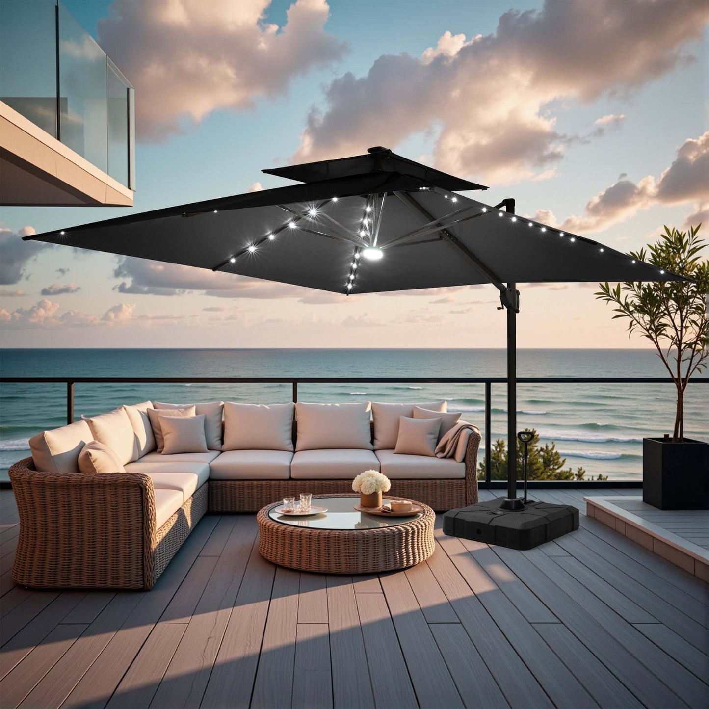 Black double top LED cantilever umbrella with pull-rod base.