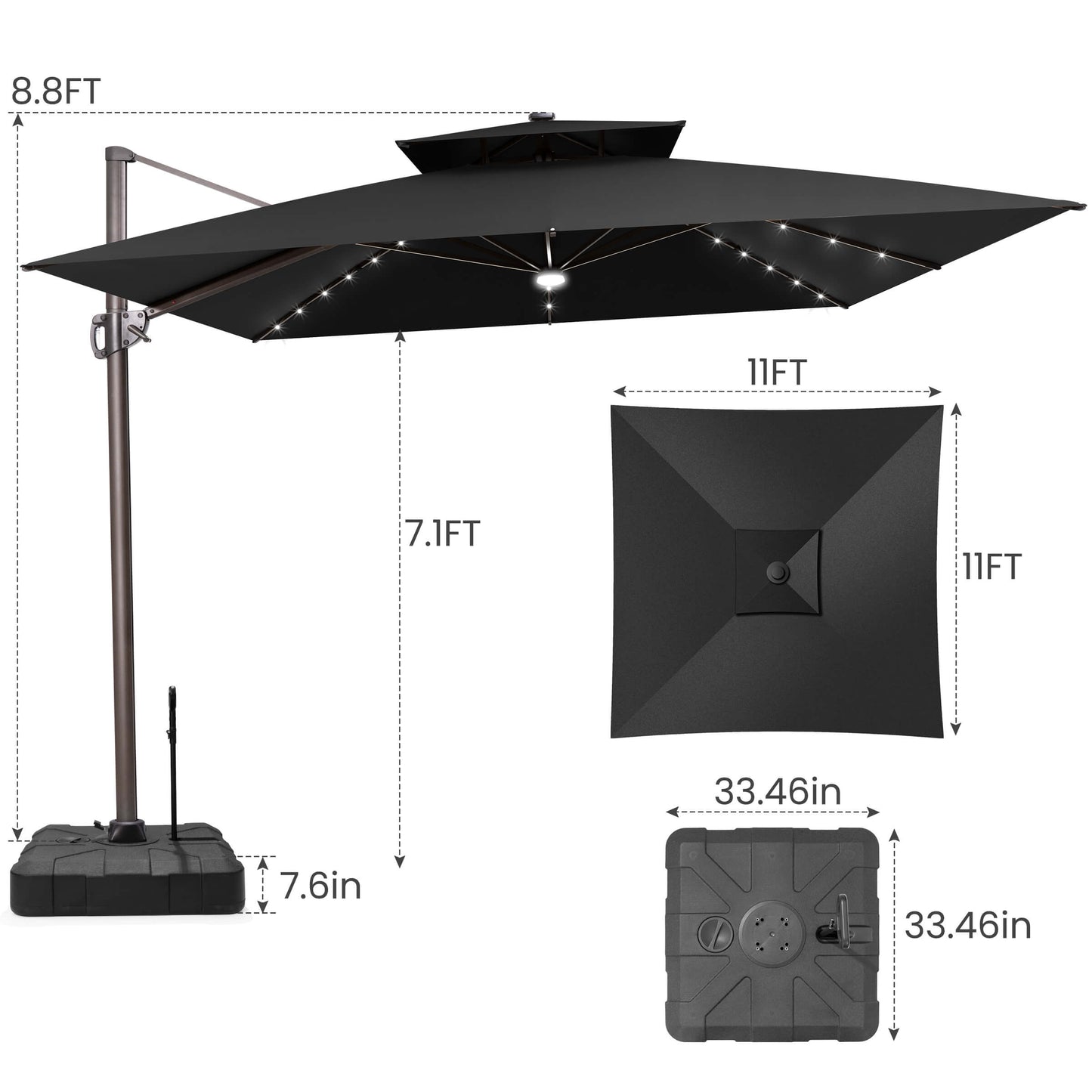 11x11 FT black double top LED cantilever umbrella and pull-rod base dimensions.