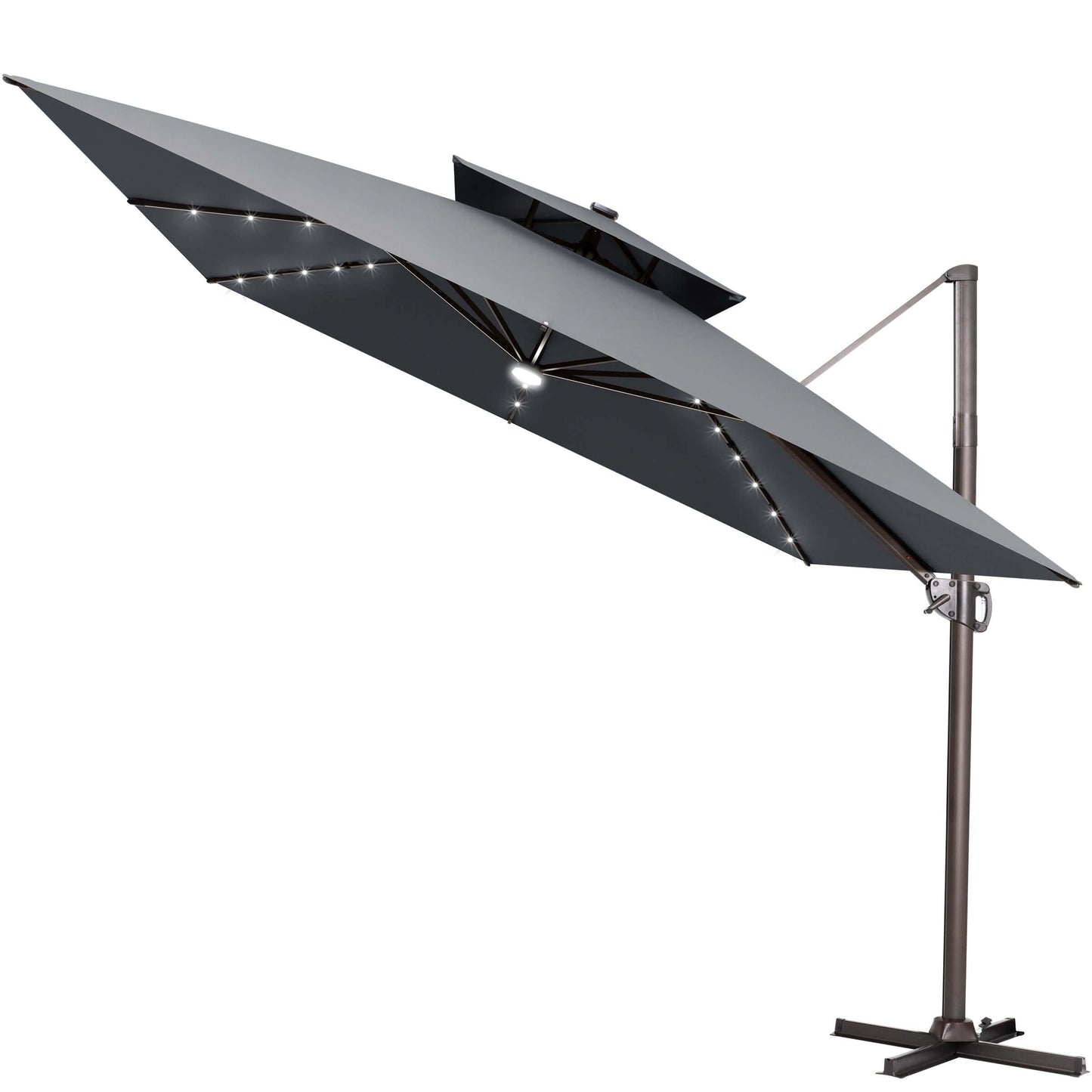 Grey square double top LED cantilever patio umbrella with cross base.