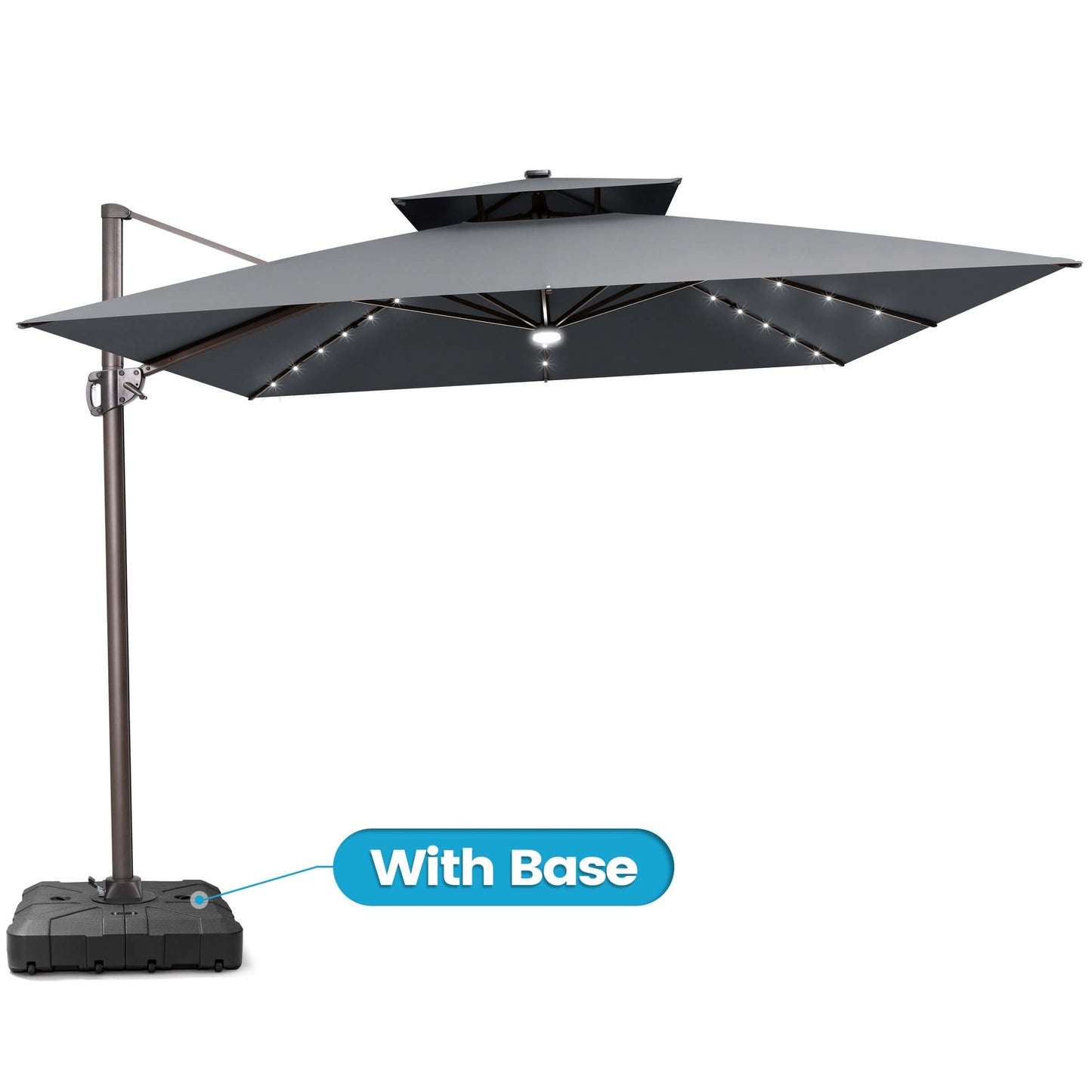 Grey double top LED cantilever umbrella with wheeled base.