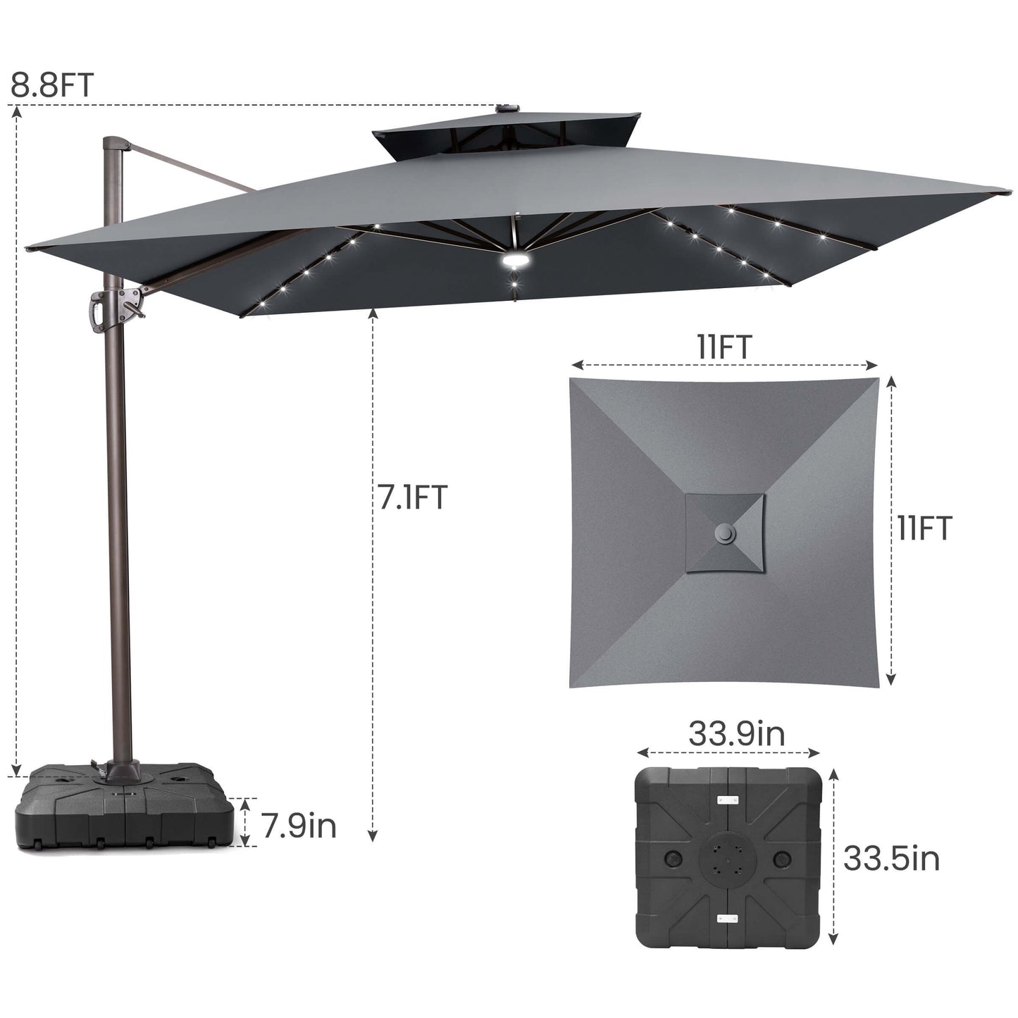 11x11 FT grey double top LED cantilever umbrella & wheeled base dimensions.