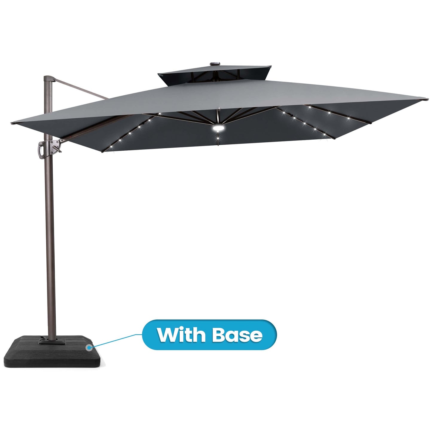 Grey double top LED cantilever umbrella with weighted base.