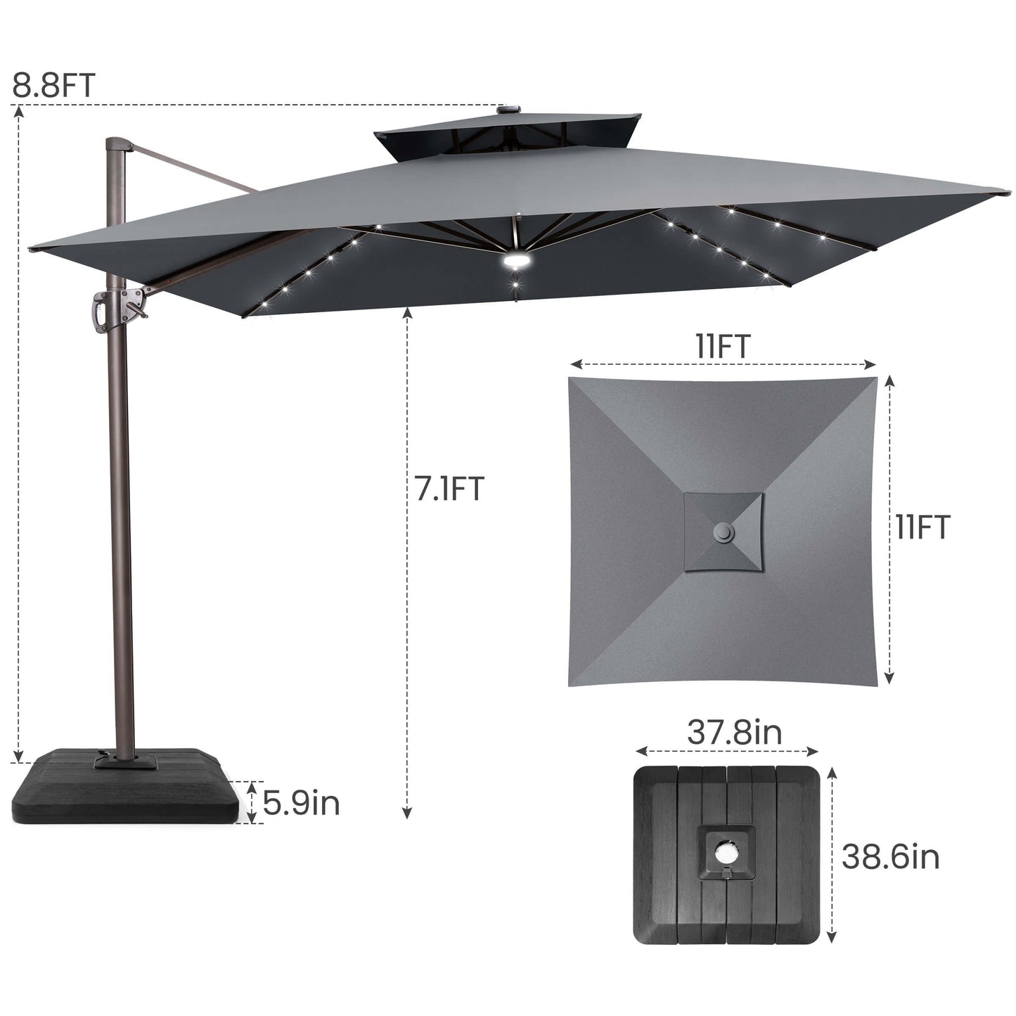 11x11 FT grey double top LED cantilever umbrella & weighted base dimensions.