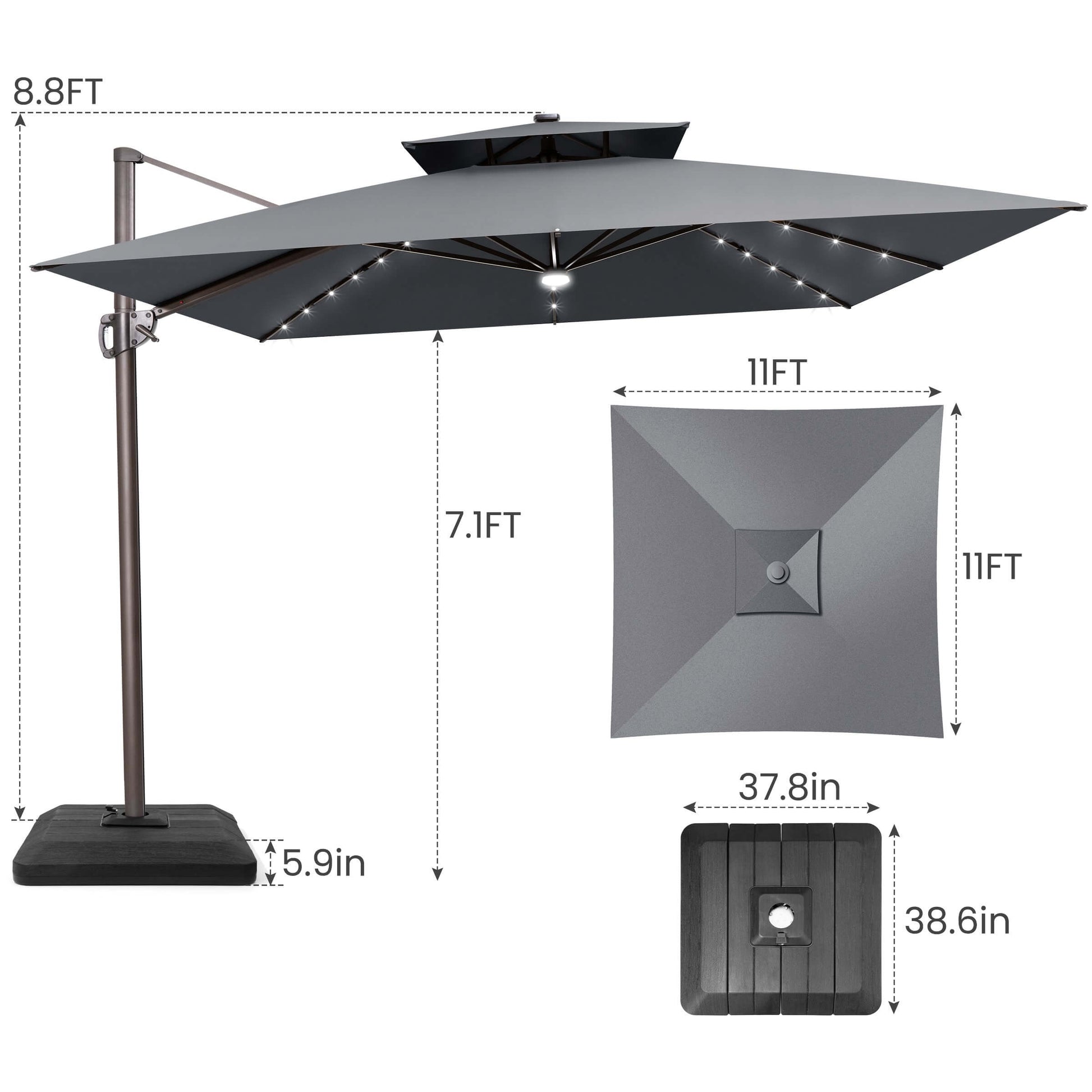 11x11 FT grey double top LED cantilever umbrella & weighted base dimensions.