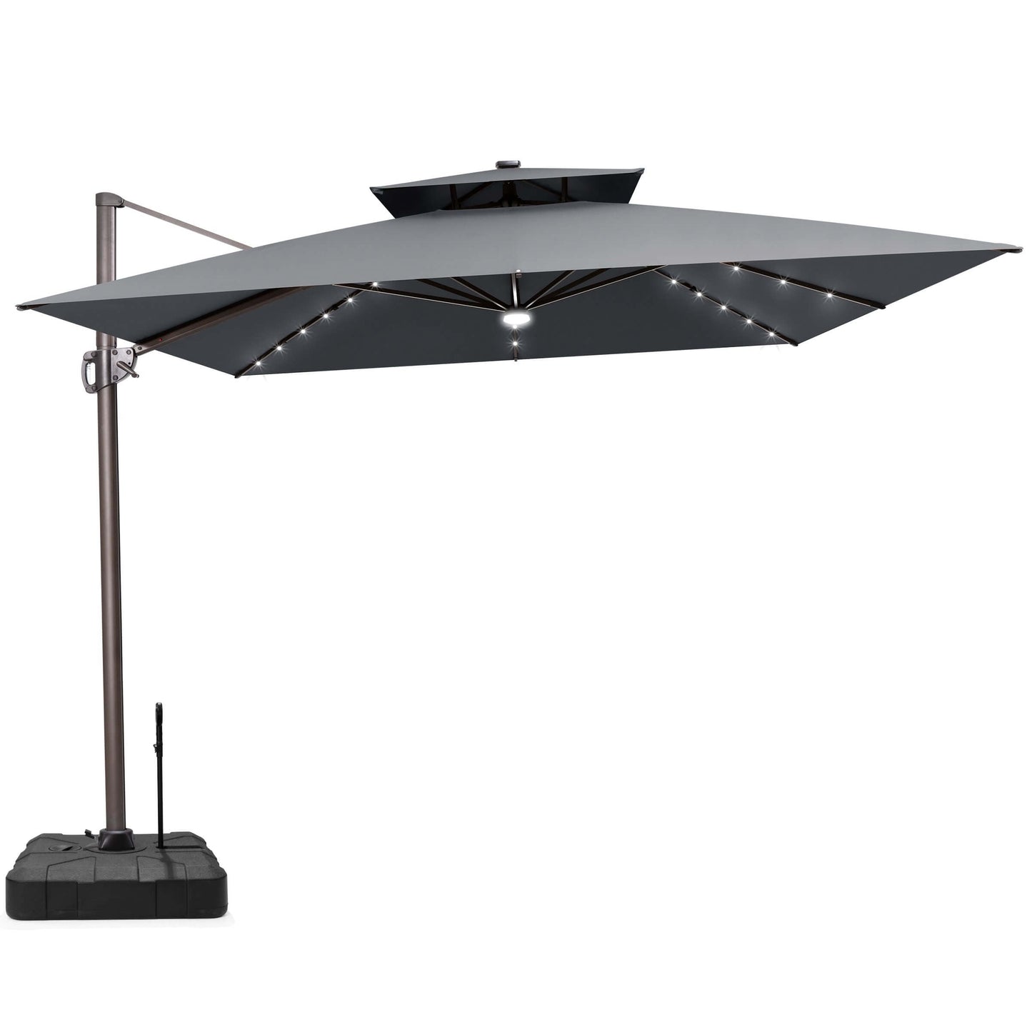 Grey double top LED cantilever umbrella with pull-rod base.