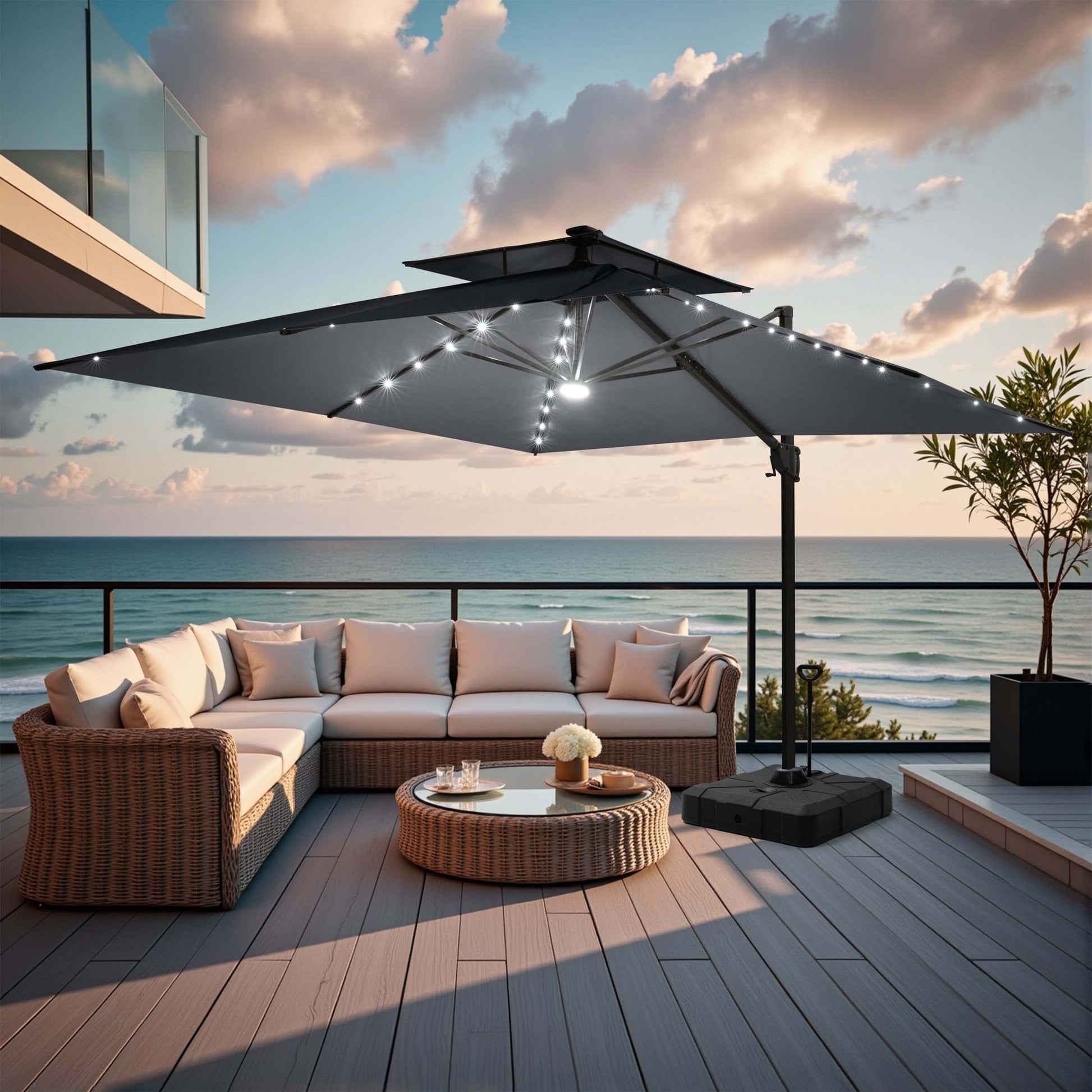 Mobile grey double top LED cantilever umbrella with wheeled base and central light.