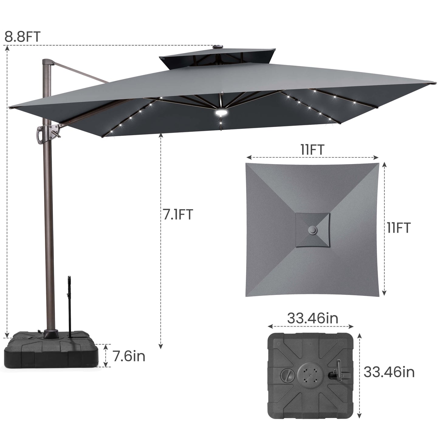 11x11 FT grey double top LED cantilever umbrella and pull-rod base dimensions.