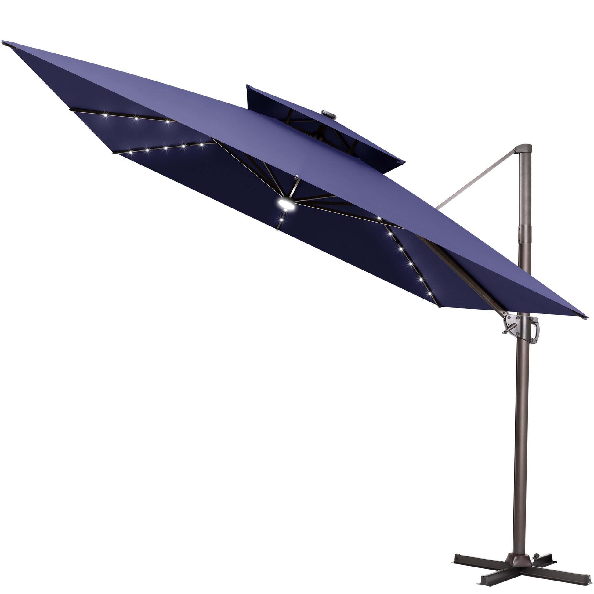 Navy blue double top LED cantilever umbrella with cross base.