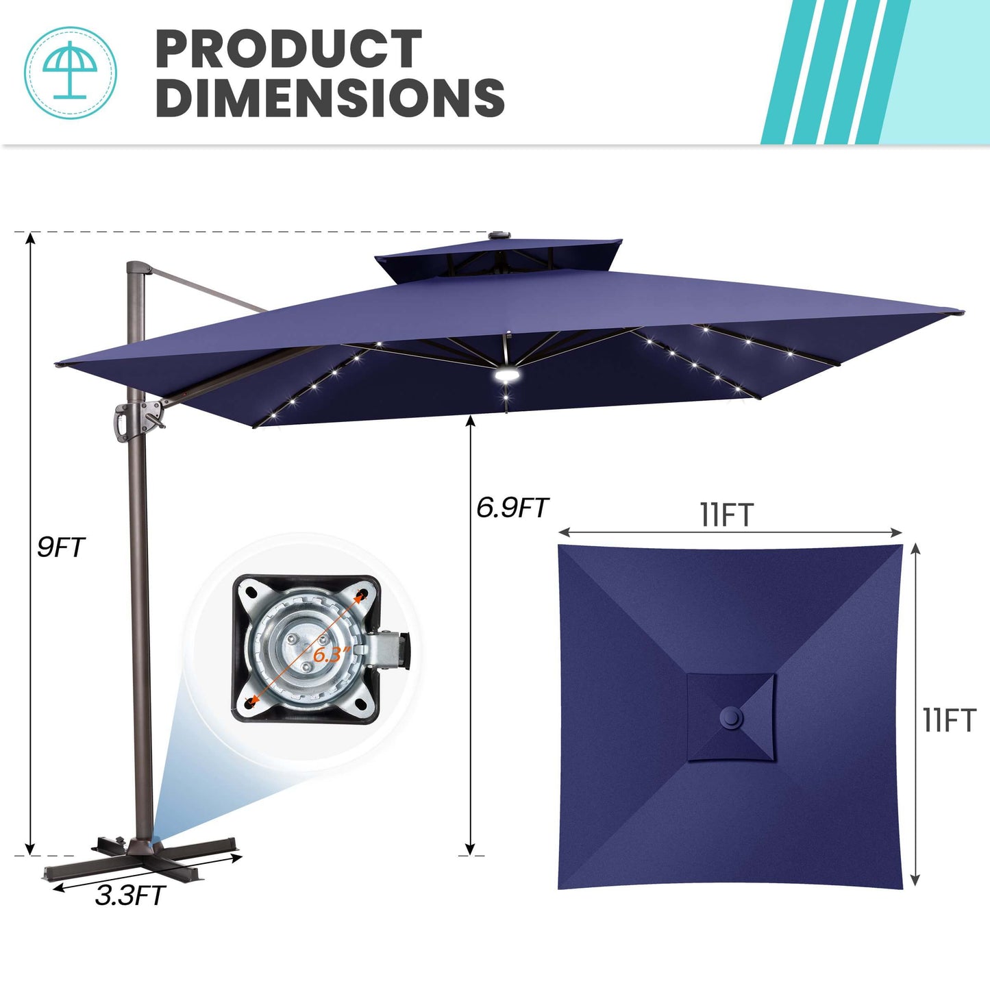 11x11 FT navy blue double top LED cantilever umbrella & cross base dimensions.