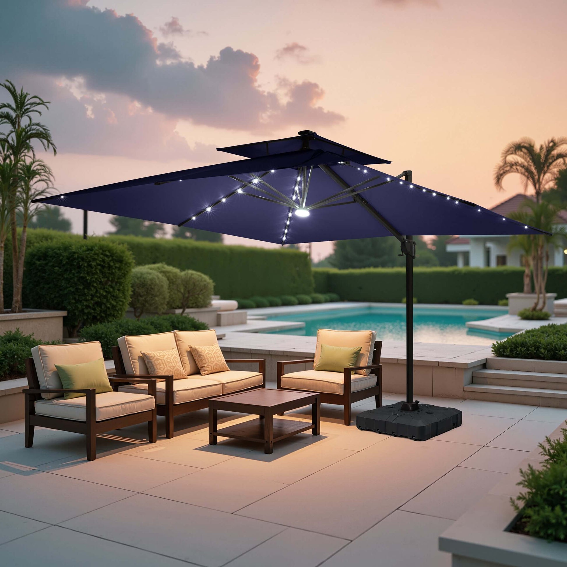 Navy blue double tier LED cantilever umbrella with wheeled base over patio sofa.