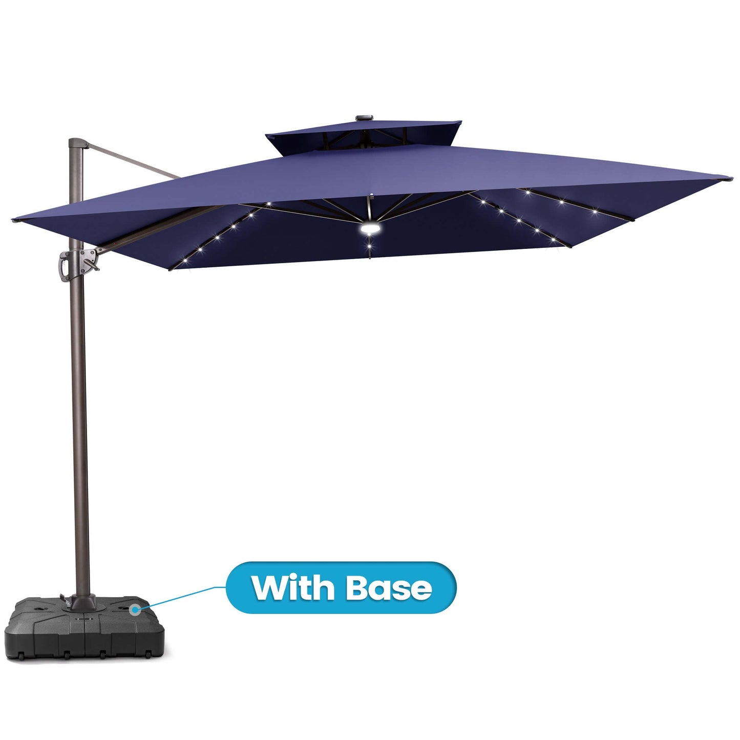 Navy blue double top LED cantilever umbrella with wheeled base.
