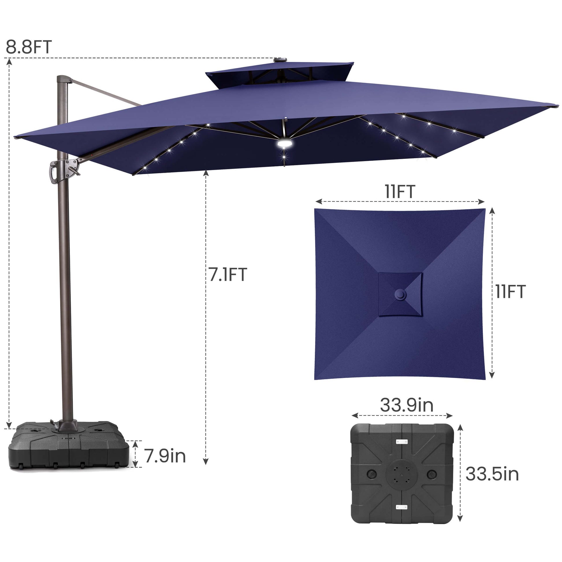 11x11 FT navy blue double top LED cantilever umbrella & wheeled base dimensions.