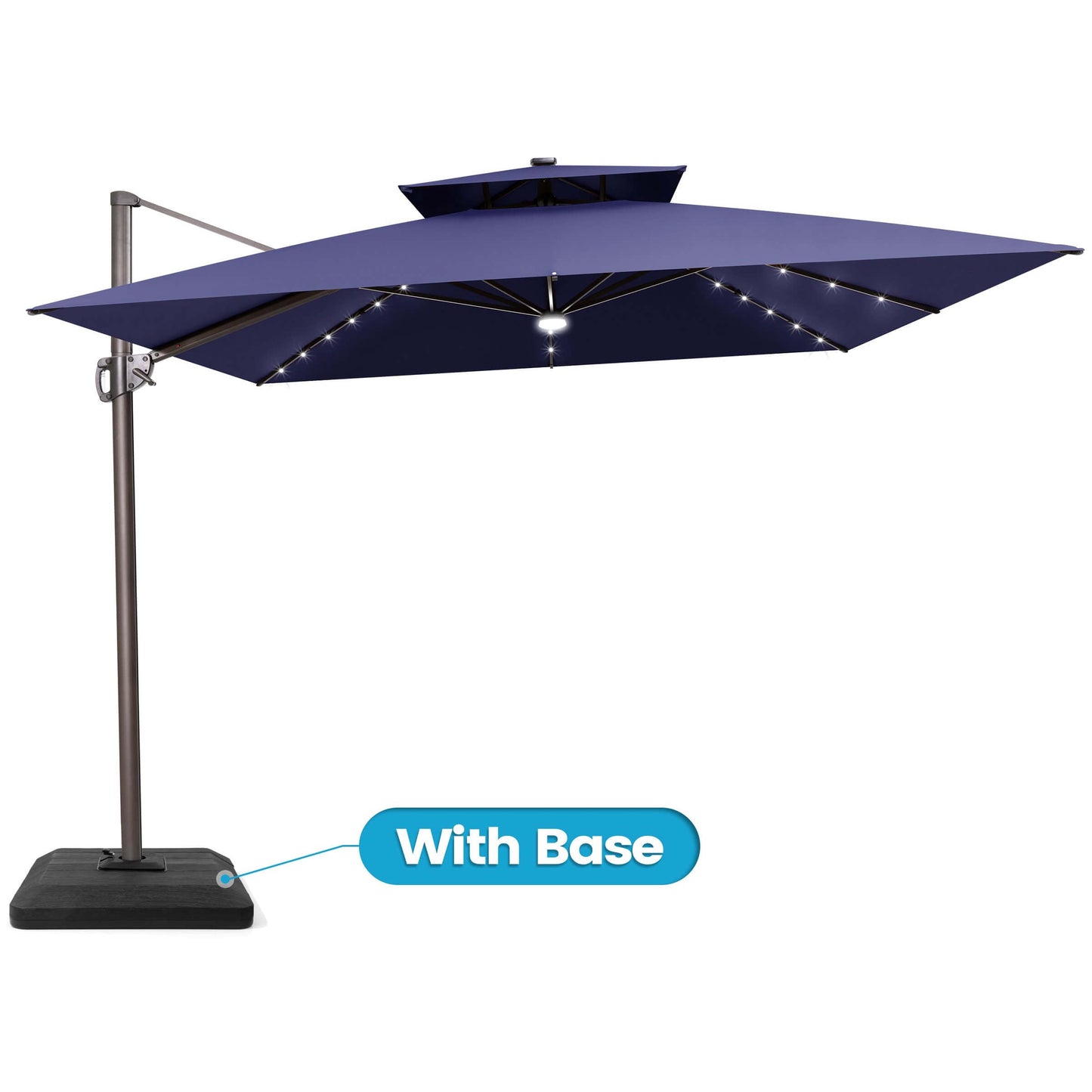 Navy blue double top LED cantilever umbrella with weighted base.
