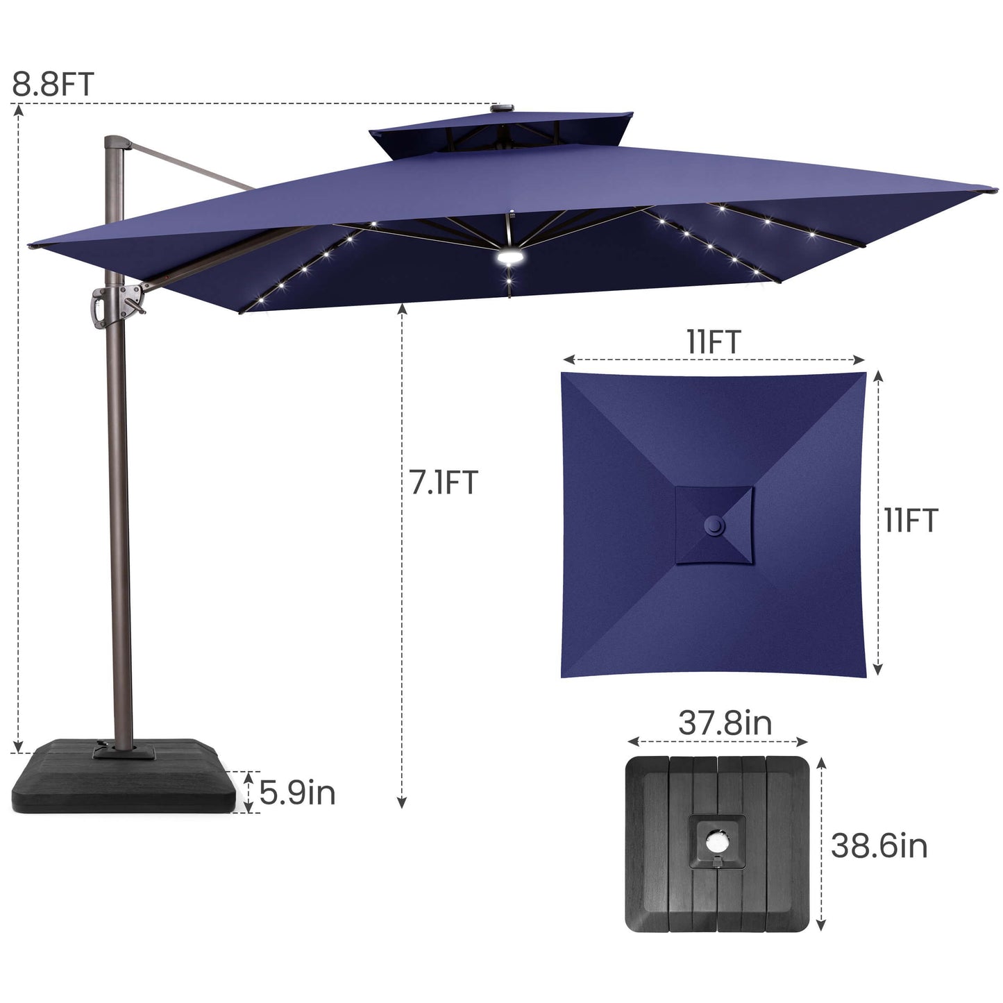 11x11 FT navy blue double top LED cantilever umbrella & weighted base dimensions.