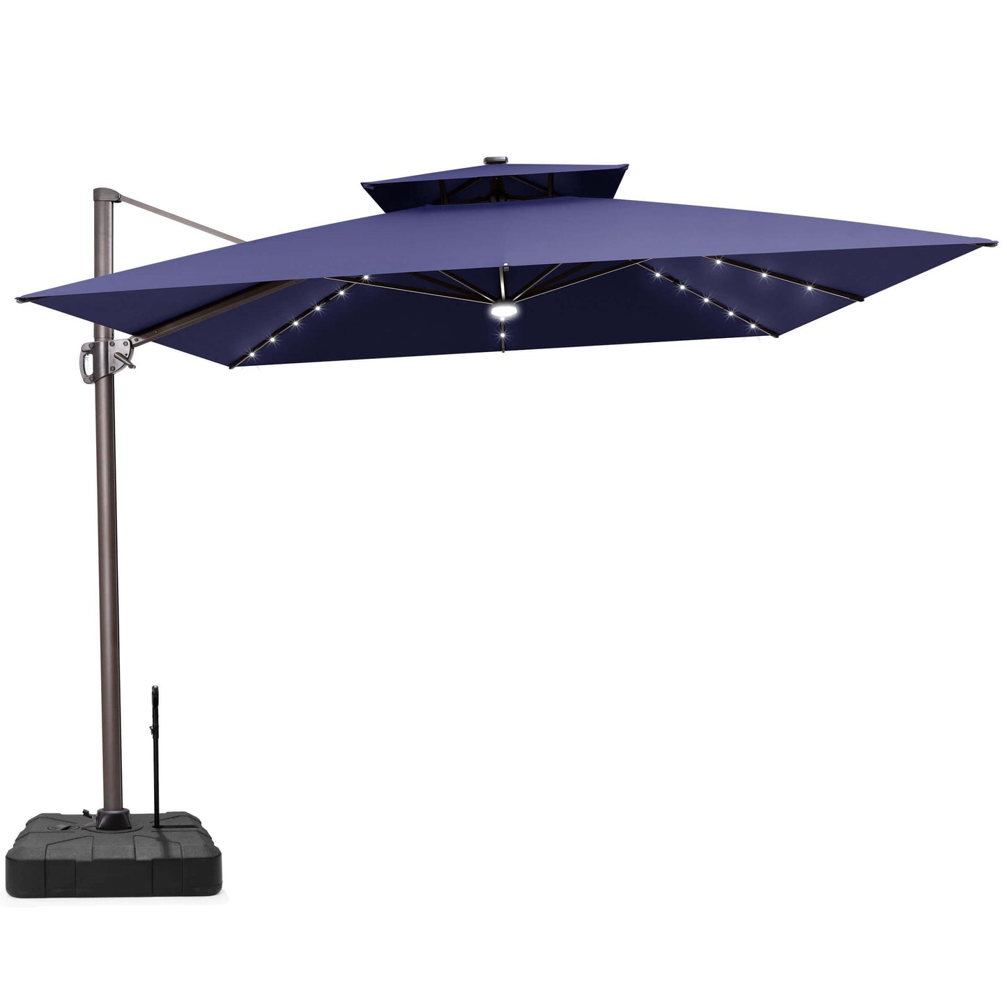 Navy blue double top LED cantilever umbrella with pull-rod base.