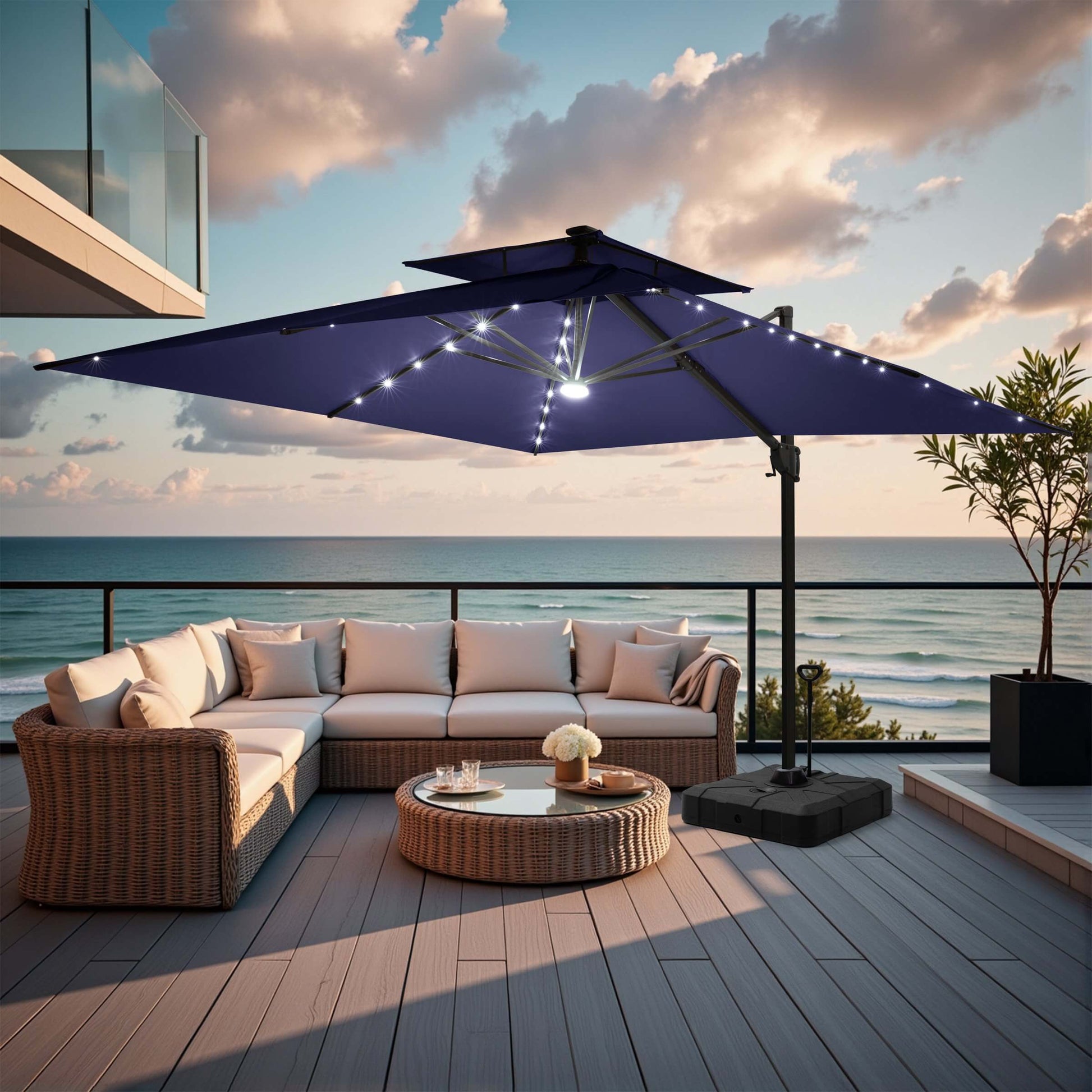 Mobile navy blue double top LED cantilever umbrella with wheeled base and central light.