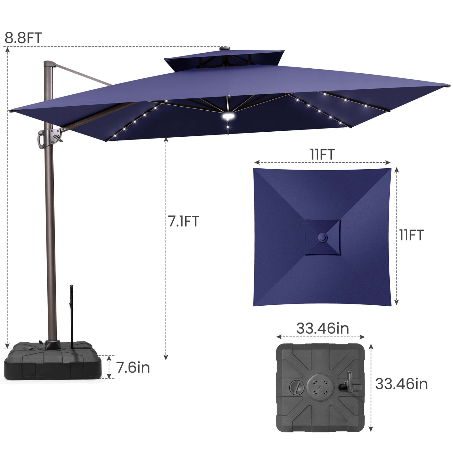 11x11 FT navy blue double top LED cantilever umbrella and pull-rod base dimensions.