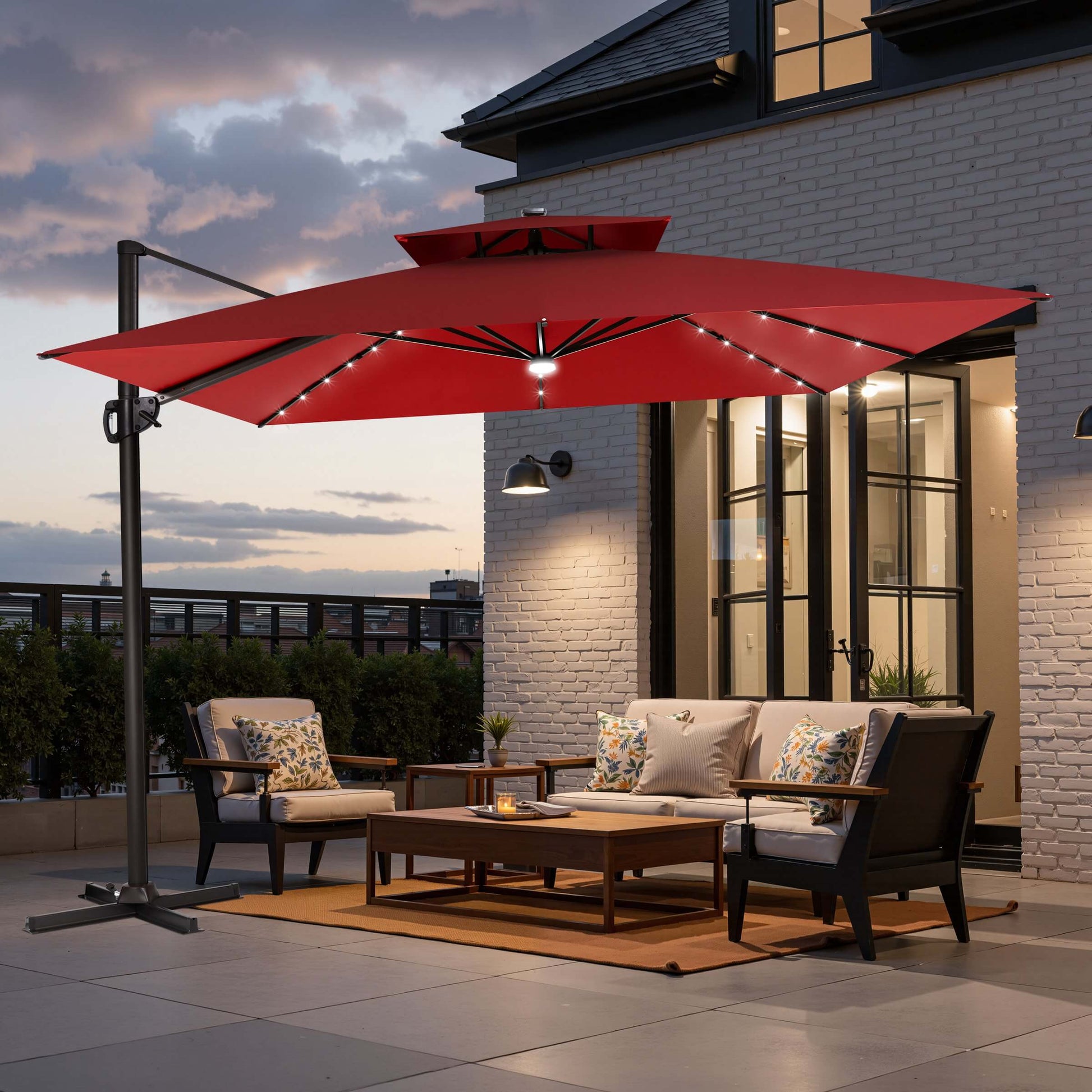 Solar-powered red cantilever patio umbrella with integrated LED lights and cross base.