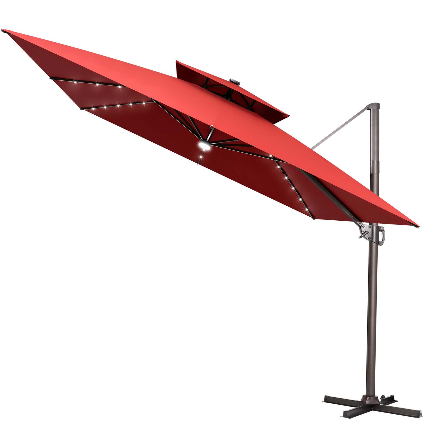 Red double top LED cantilever umbrella with cross base.