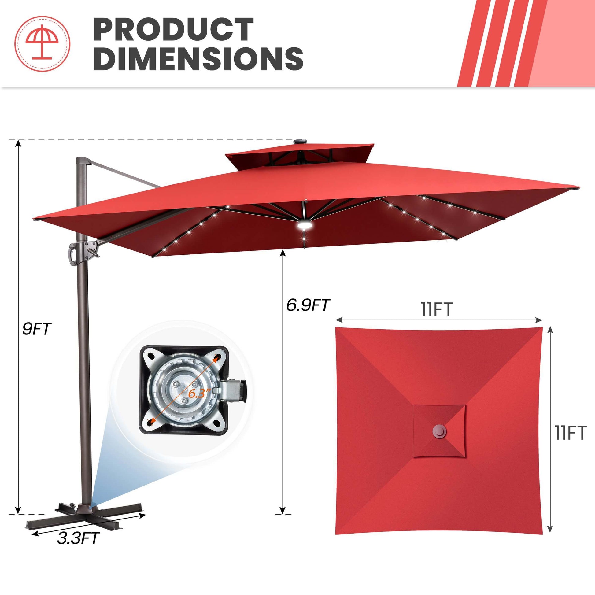 11x11 FT red double top LED cantilever umbrella & cross base dimensions.