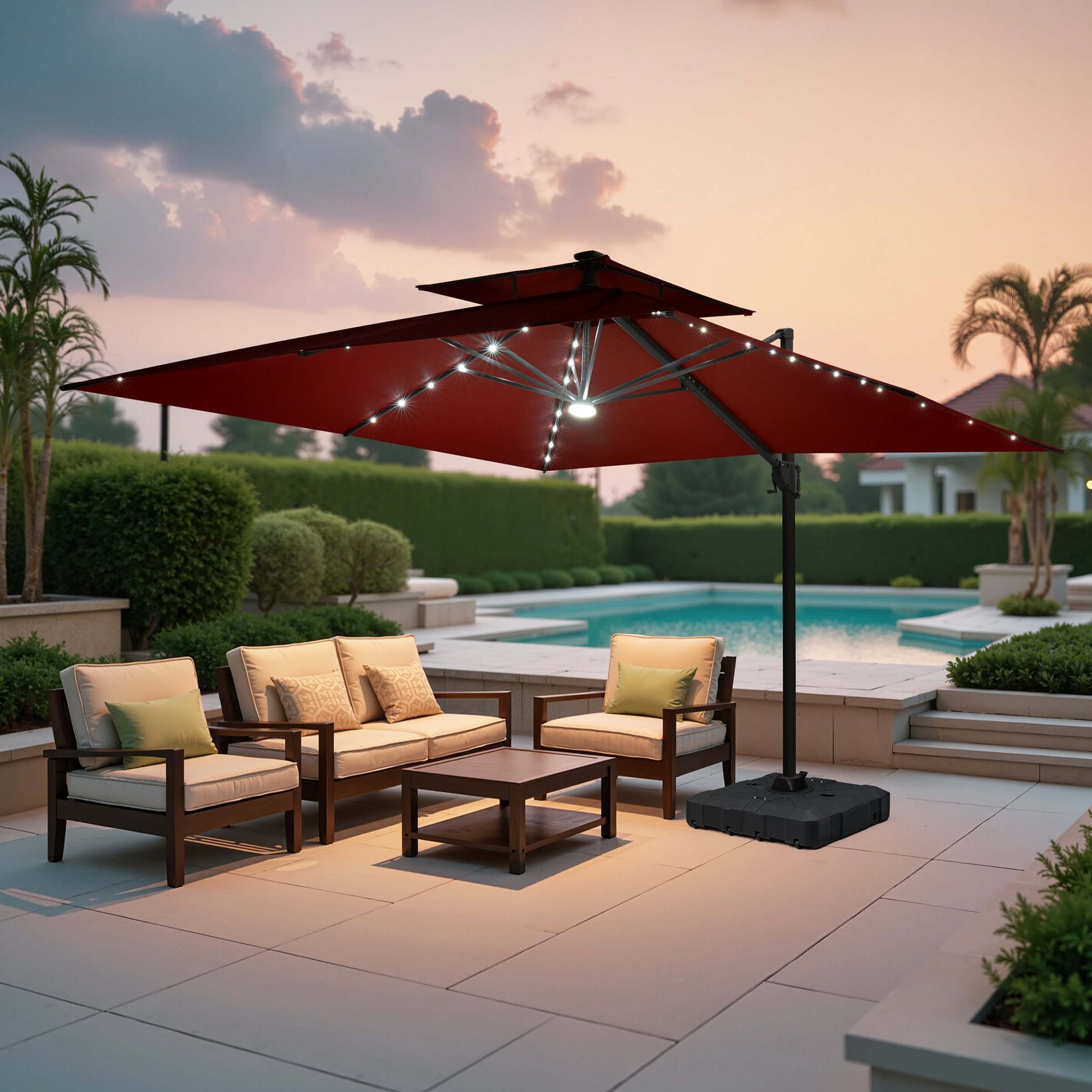 Red double top LED cantilever umbrella with wheeled base over patio sofa.