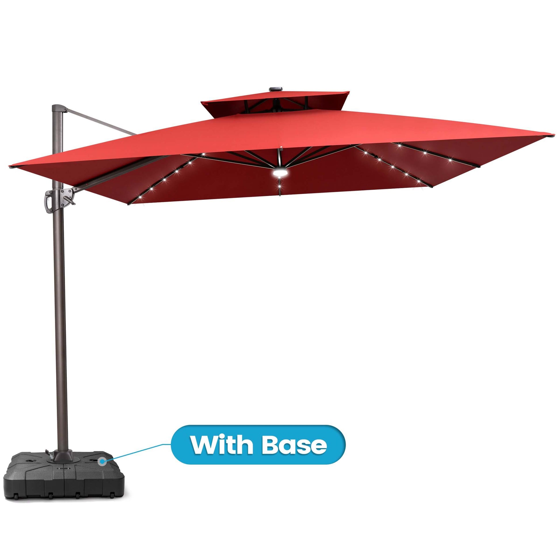 Red double-top cantilever umbrella with LEDs and wheeled base.