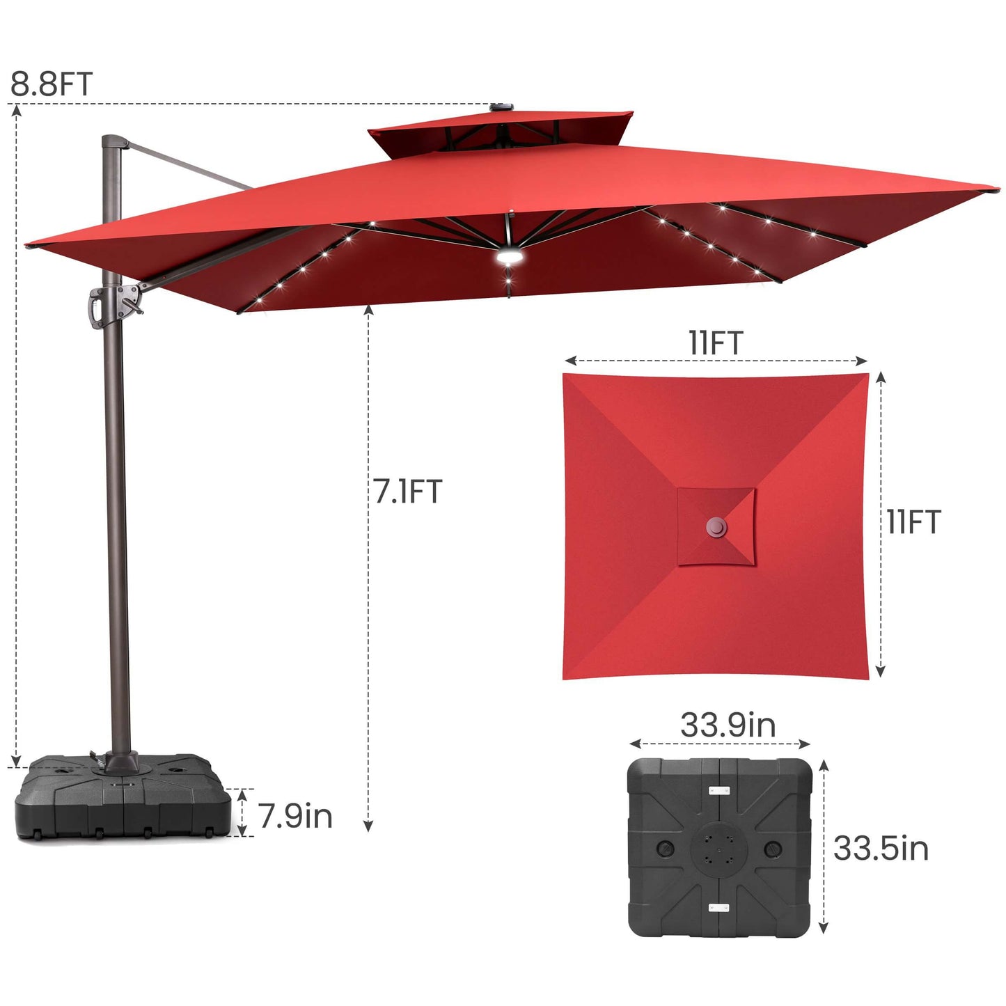 11x11 FT red double top LED cantilever umbrella & wheeled base dimensions.