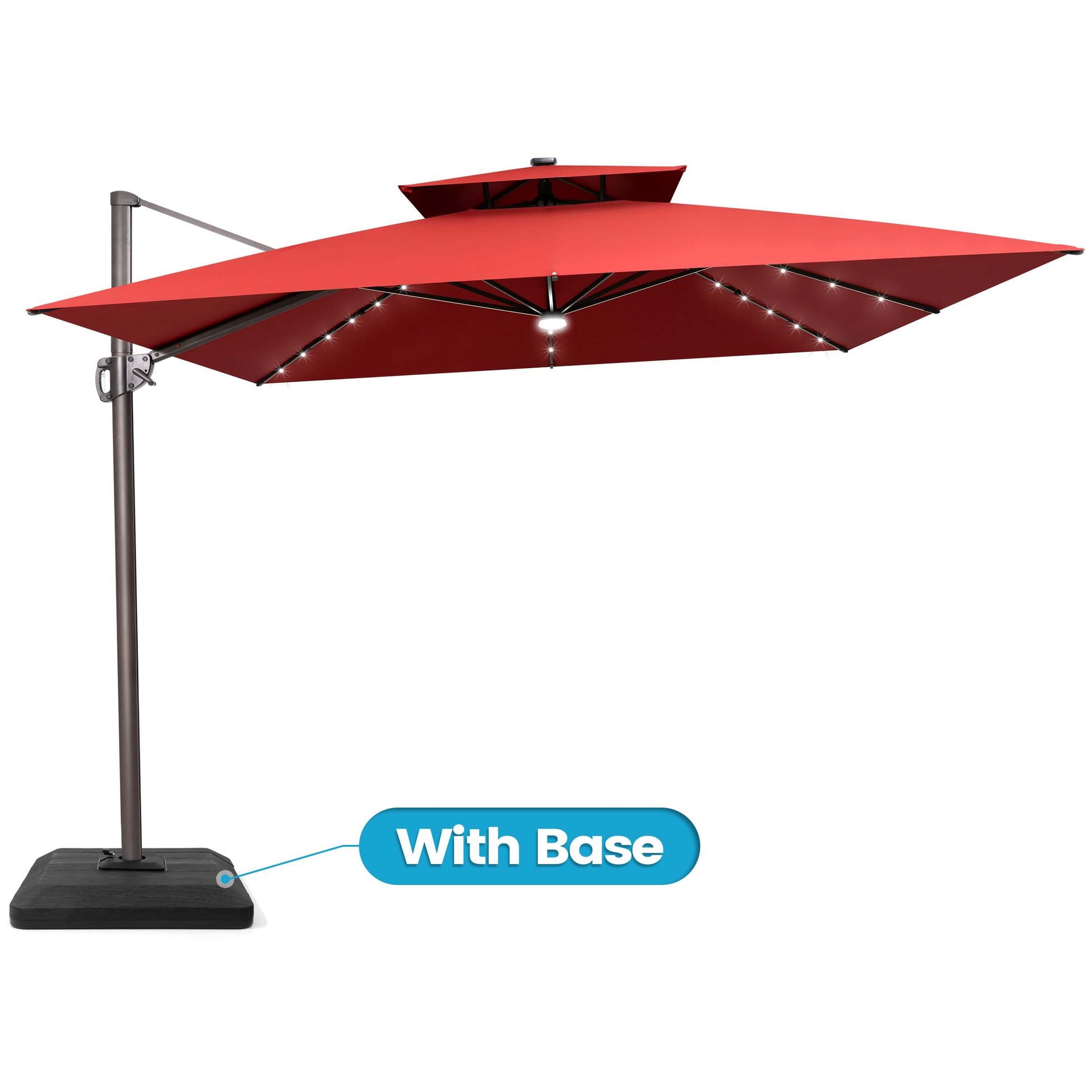 Red double top LED cantilever umbrella with base.