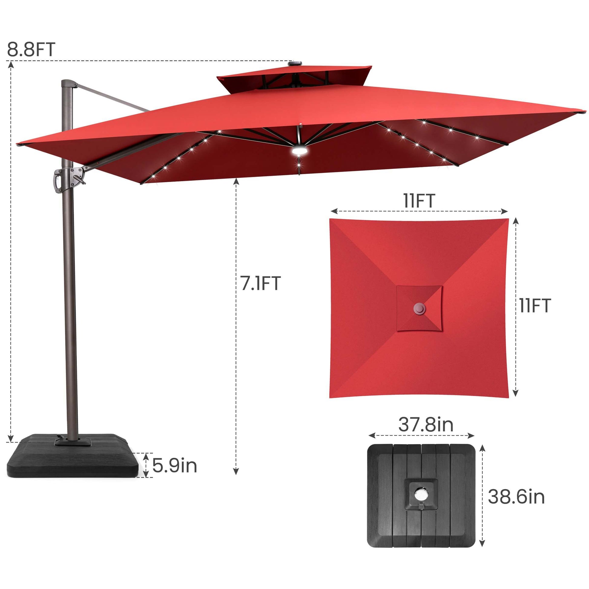 11x11 FT red double top LED cantilever umbrella & weighted base dimensions.