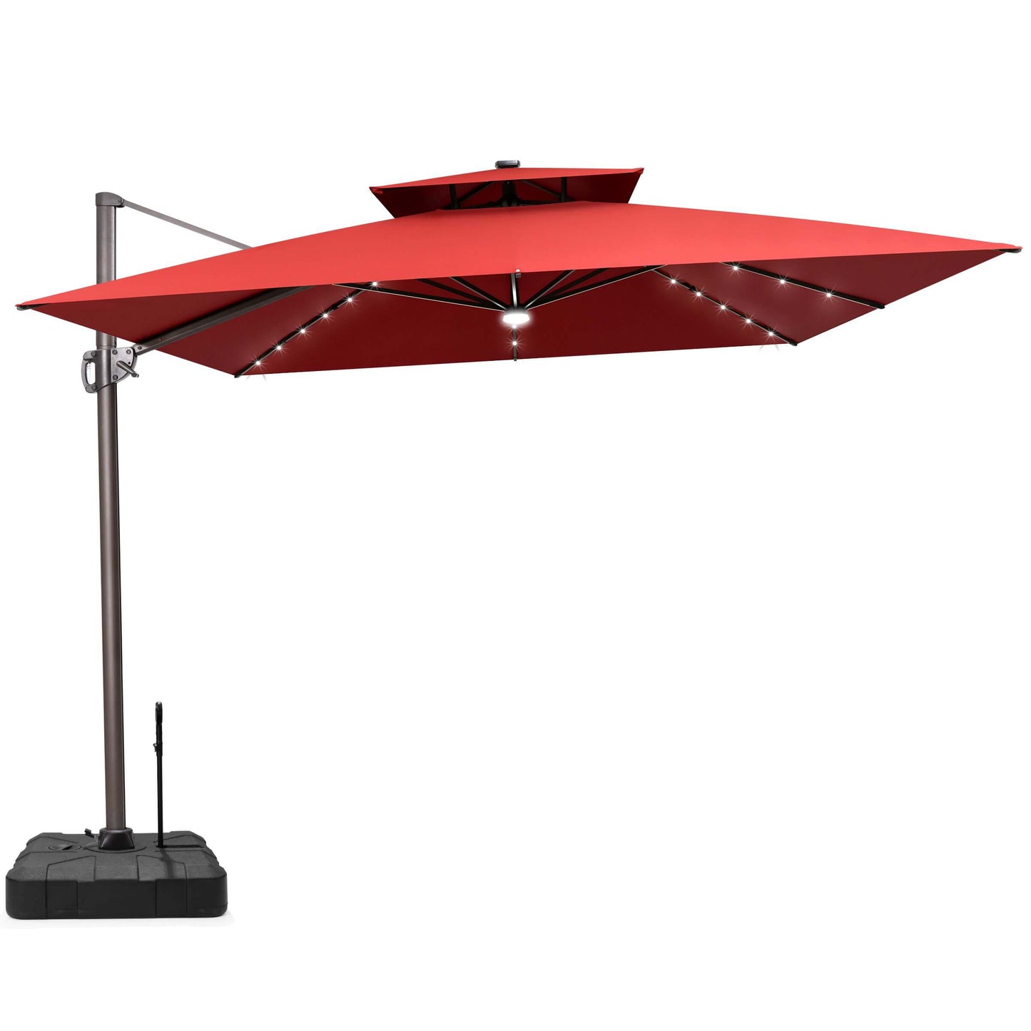 Red double top LED cantilever umbrella with pull-rod base.