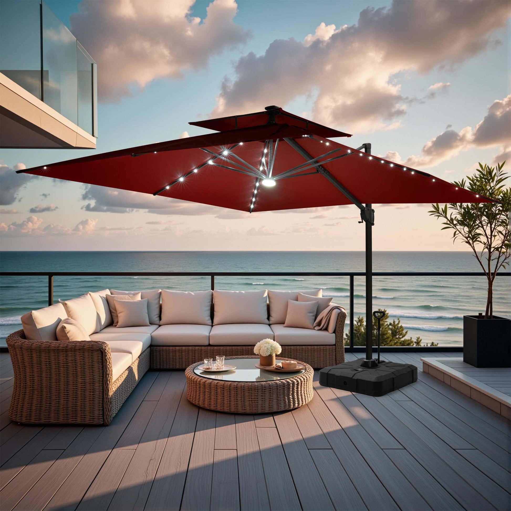 Mobile red double top LED cantilever umbrella with wheeled base and central light.
