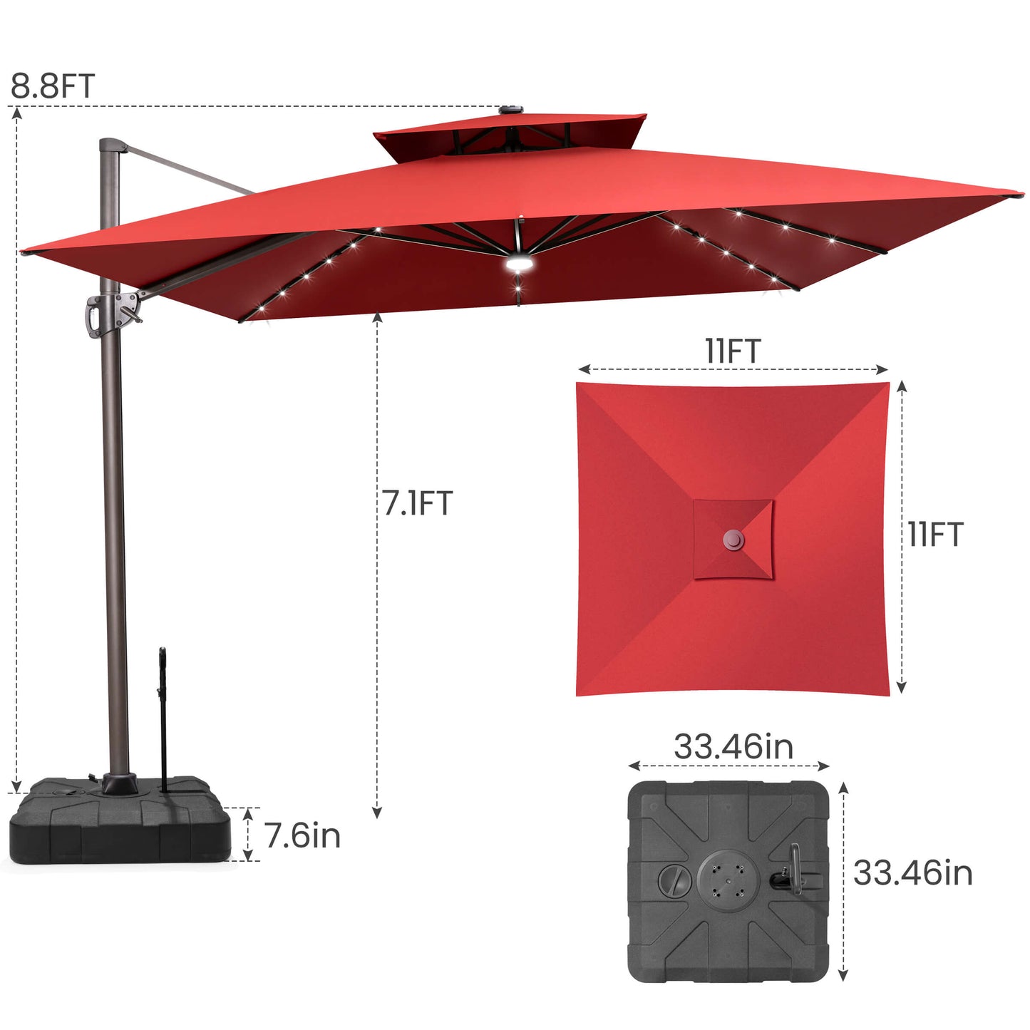 11x11 FT red double top LED cantilever umbrella and pull-rod base dimensions.