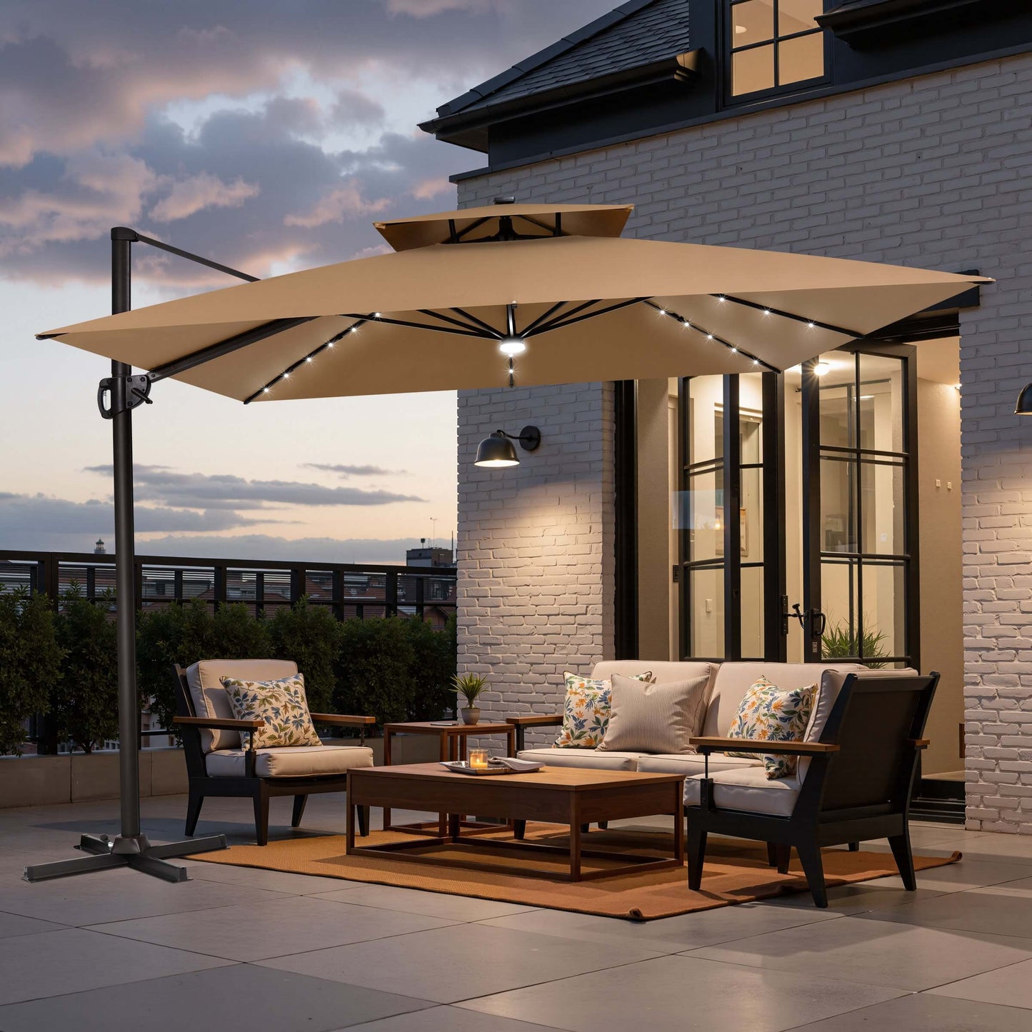 Khaki LED cantilever umbrella with cross base on modern farmhouse patio.