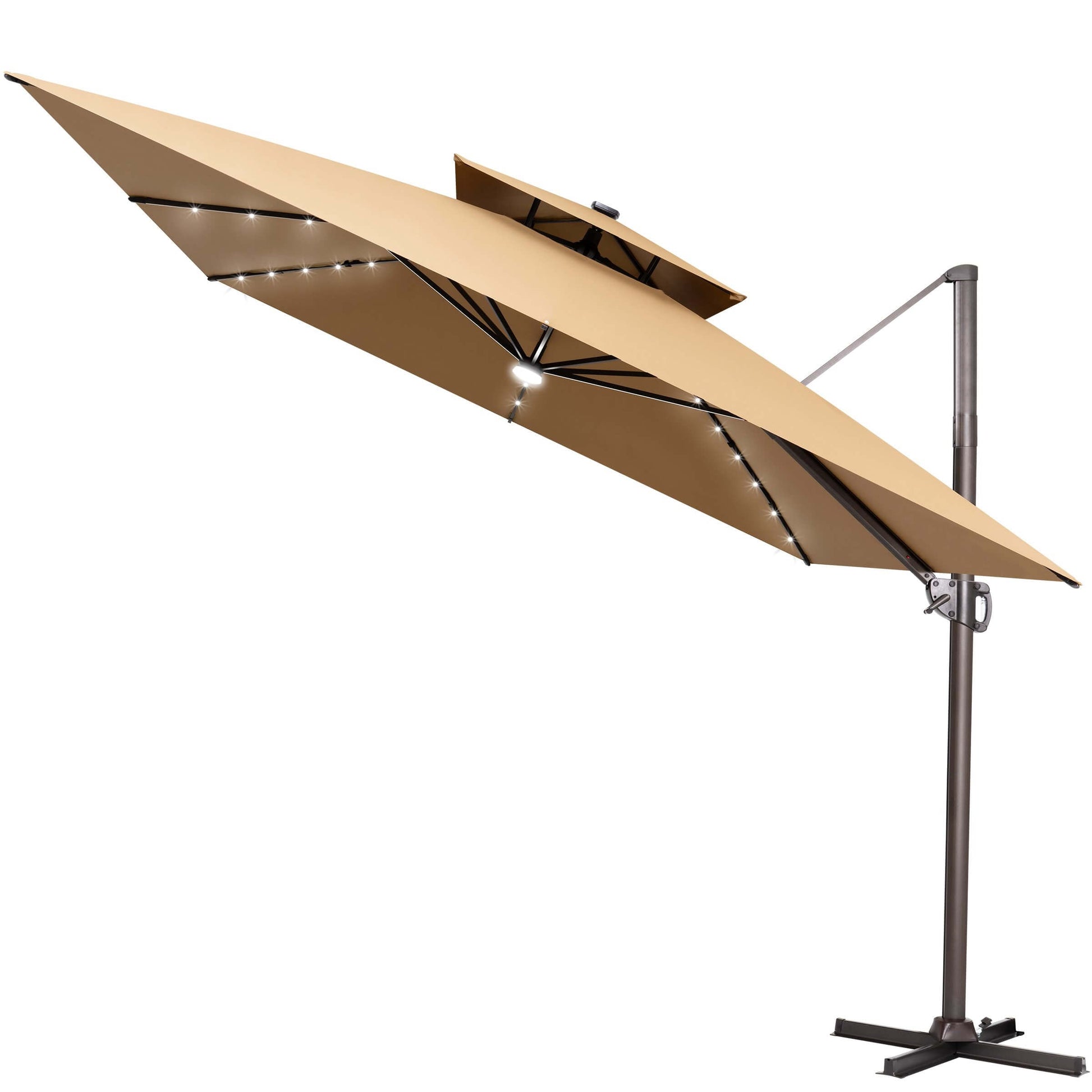 Tilted khaki LED cantilever umbrella with cross base.