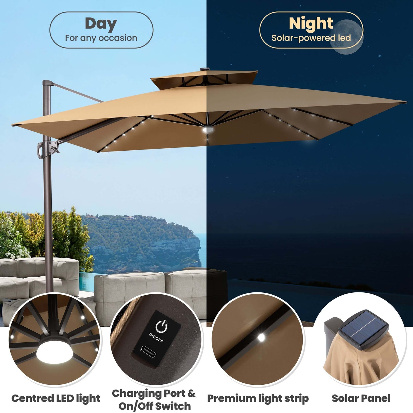 Khaki solar LED cantilever umbrella day/night view and lighting details.