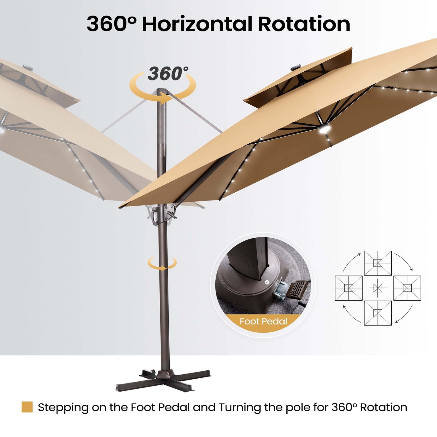 Khaki LED cantilever umbrella showing 360° rotation via foot pedal.