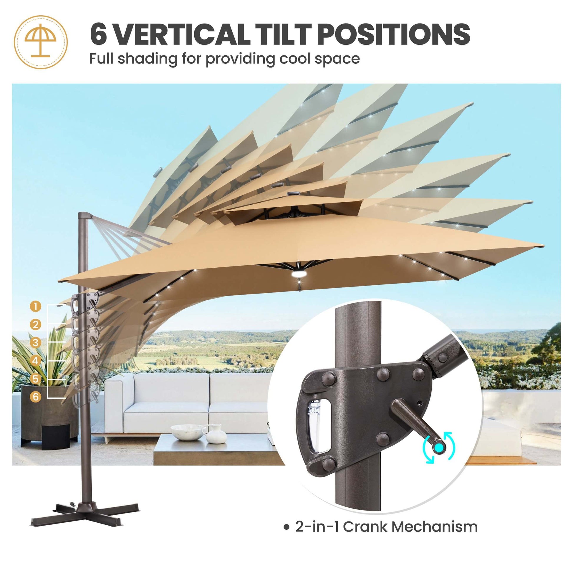 Solar LED cantilever umbrella with 6 vertical tilt positions and crank handle.