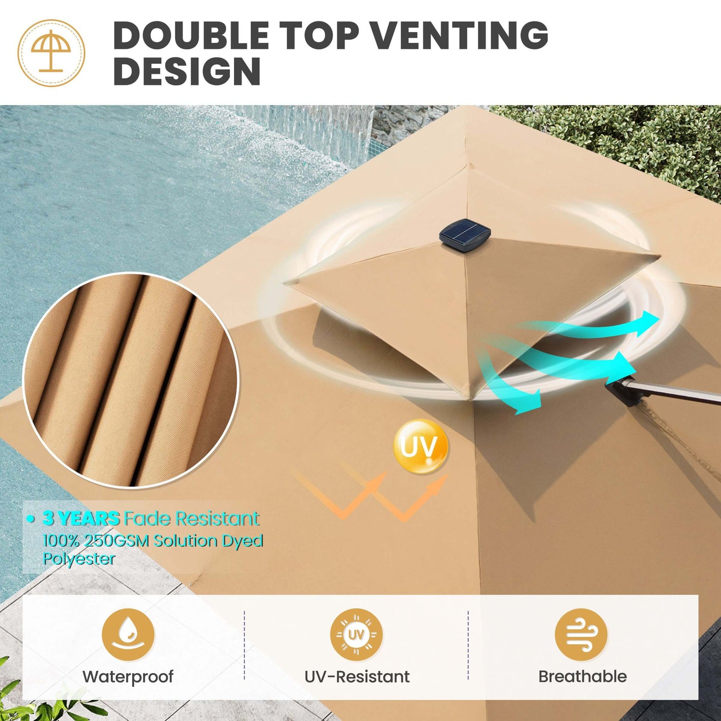Khaki double top venting umbrella canopy with solar panel and UV-resistant fabric.