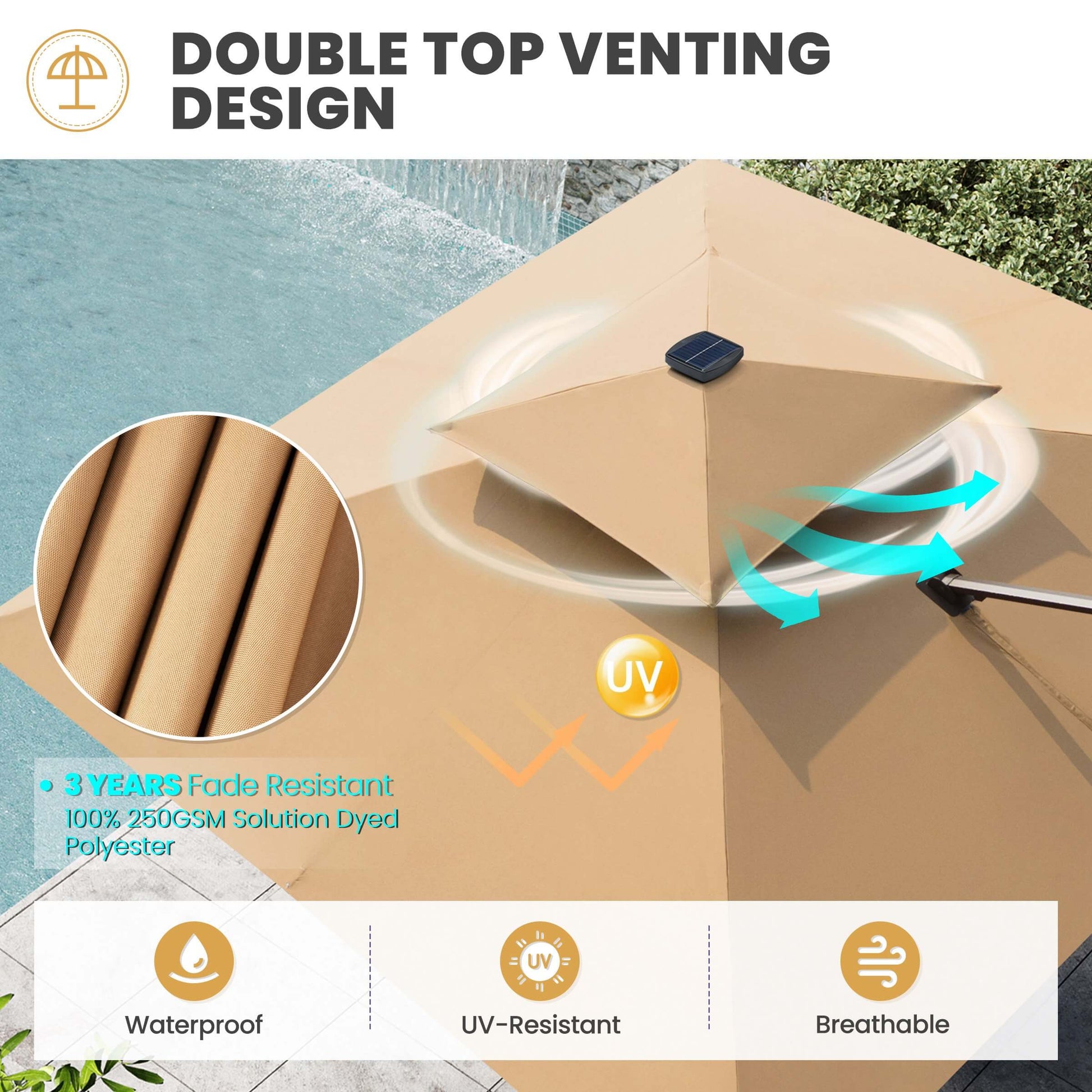 Khaki double top venting umbrella canopy with solar panel and UV-resistant fabric.