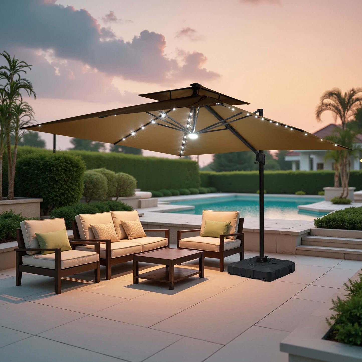 Khaki LED cantilever umbrella over suburban backyard pool patio at dusk.