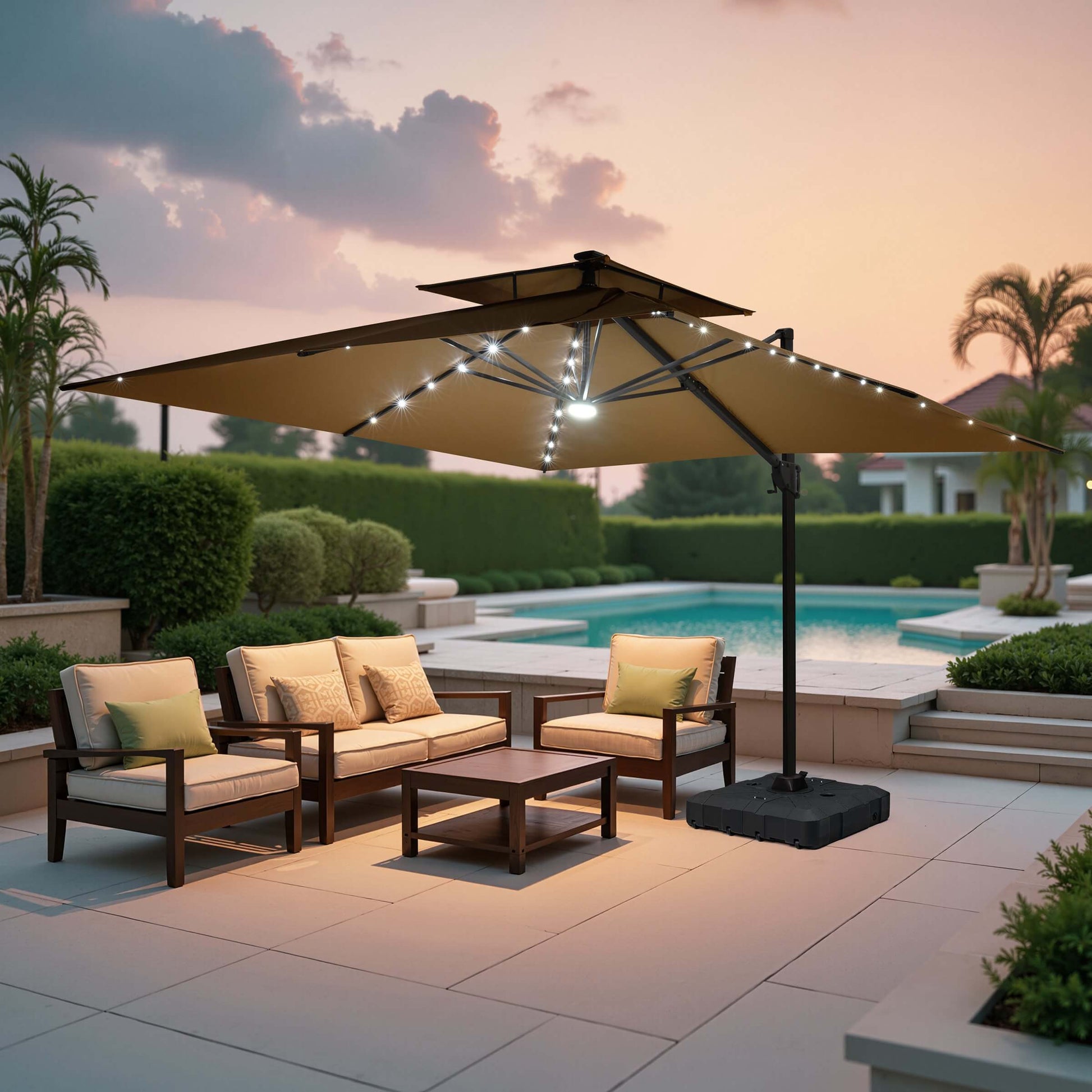 Khaki LED cantilever umbrella over suburban backyard pool patio at dusk.