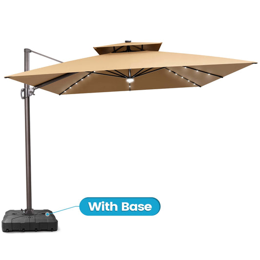 Khaki solar LED cantilever umbrella with  wheeled base.