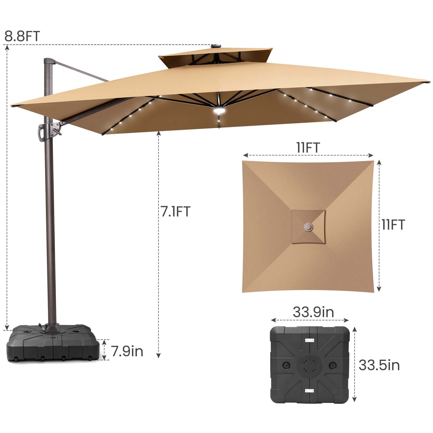Dimensions of 11x11 FT khaki LED cantilever umbrella with wheeled base.