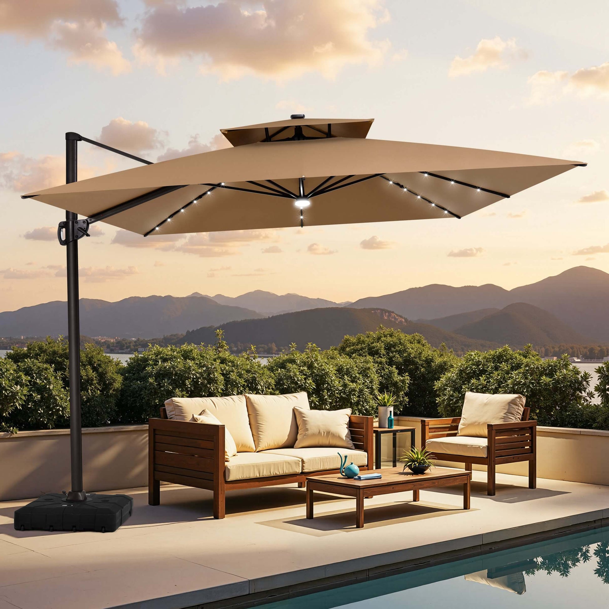 Khaki LED cantilever umbrella on wheeled base over poolside patio sofa set.