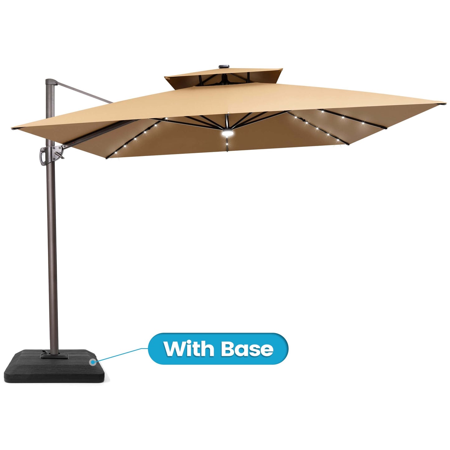 Khaki LED cantilever umbrella with a weighted base.