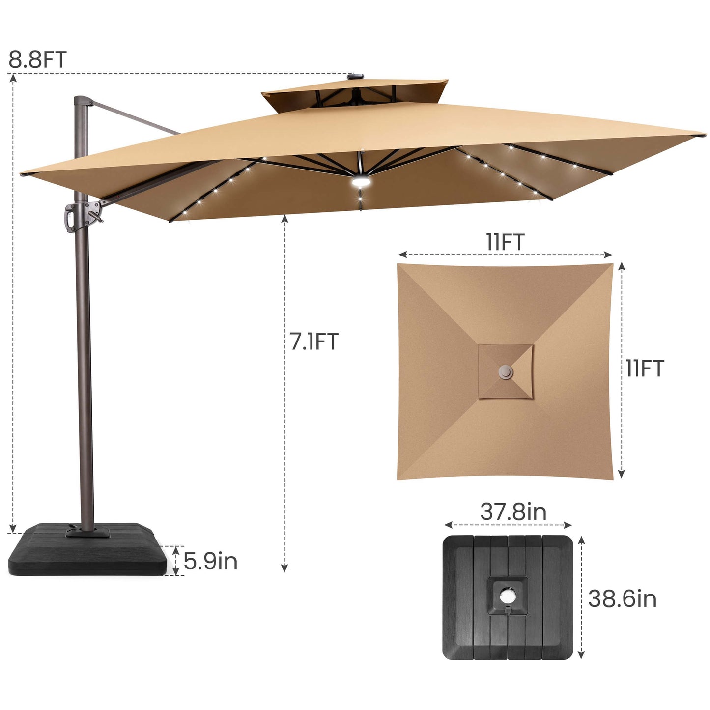 Dimensions of 11x11 FT khaki LED cantilever umbrella with weighted base.