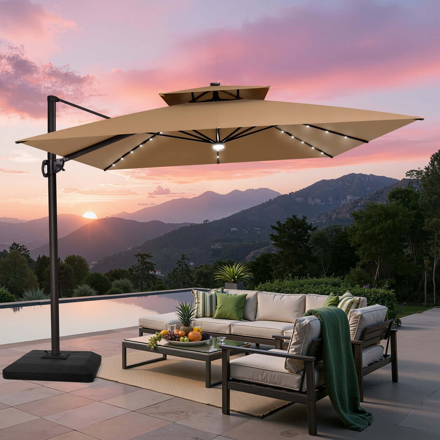 Khaki LED cantilever umbrella with weighted base over patio at sunset.