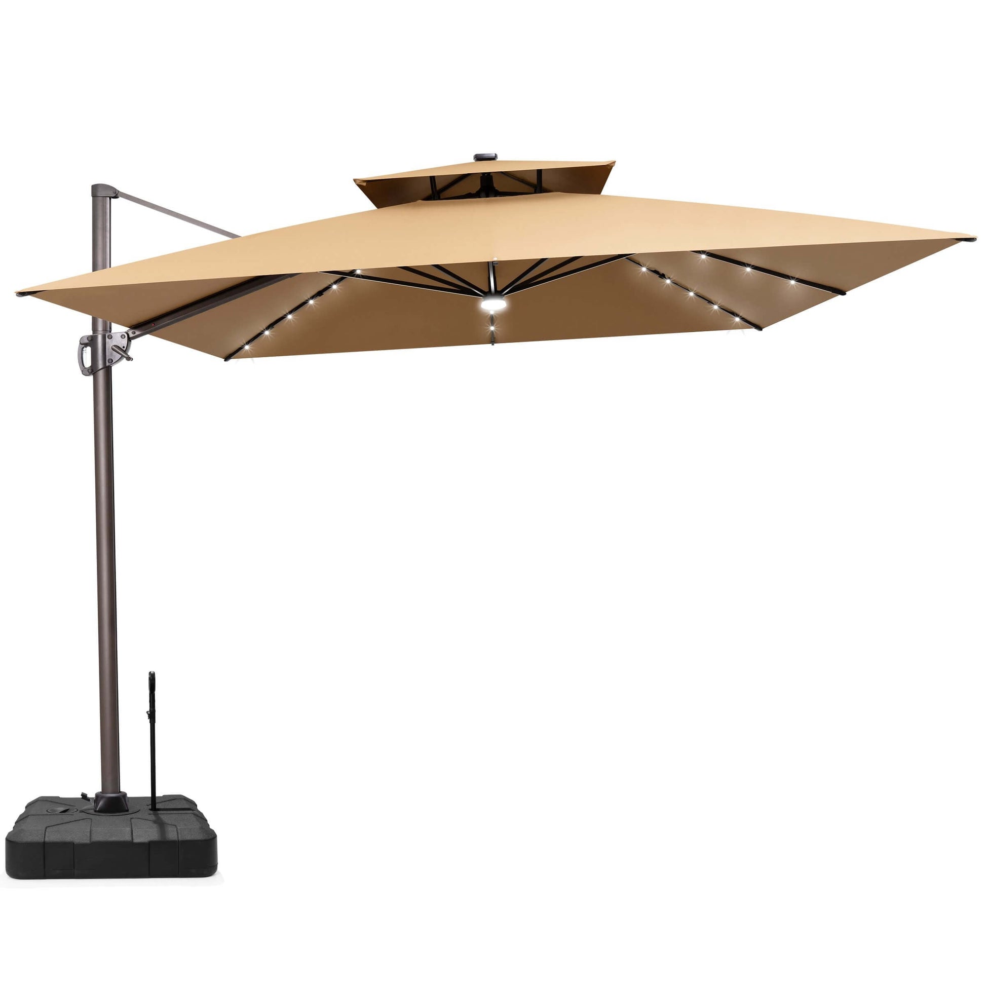 11x11 FT khaki LED cantilever umbrella with a pull-rod base.