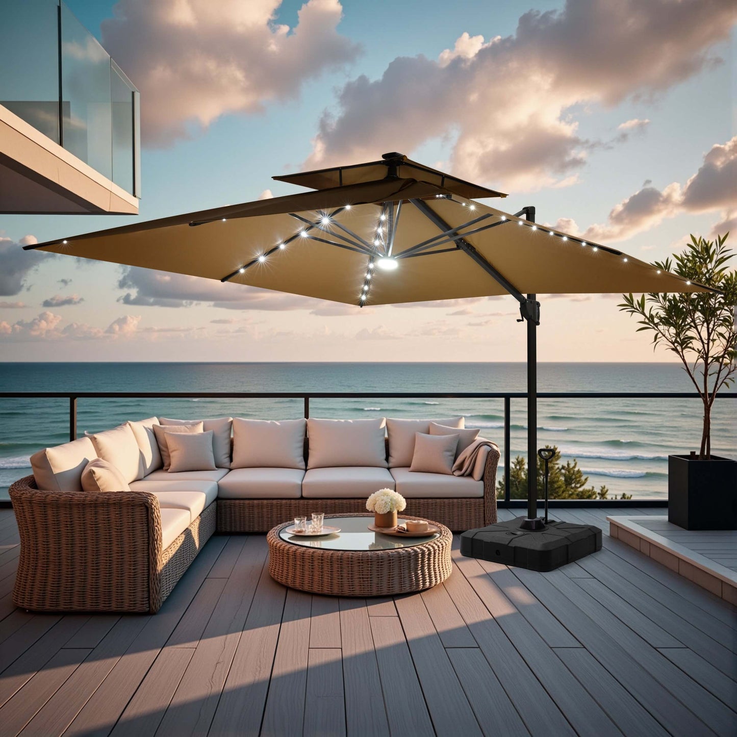 Khaki LED cantilever umbrella with pull-rod base over patio wicker sofa.